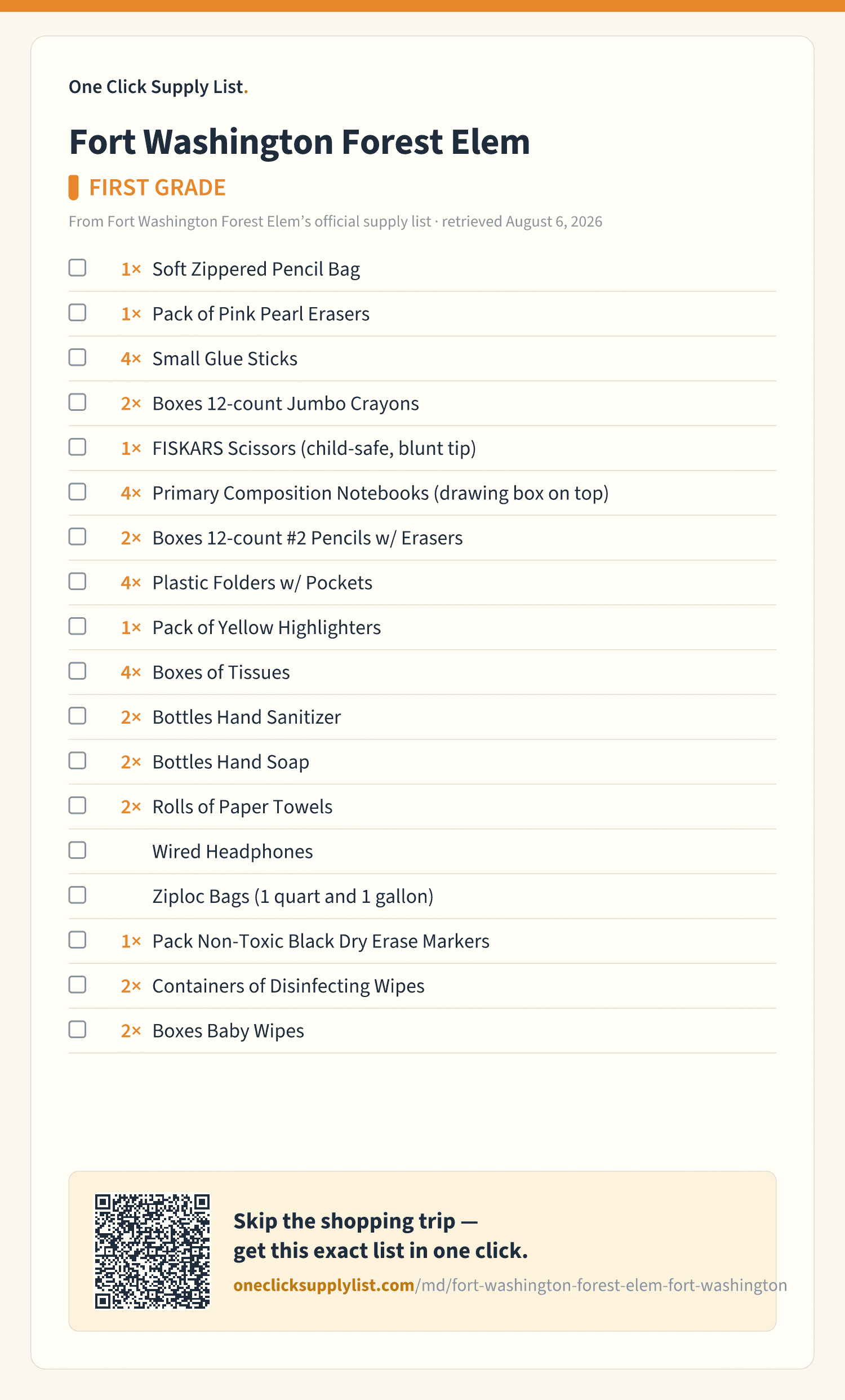 Fort Washington Forest Elem FIRST GRADE supply list — printable image