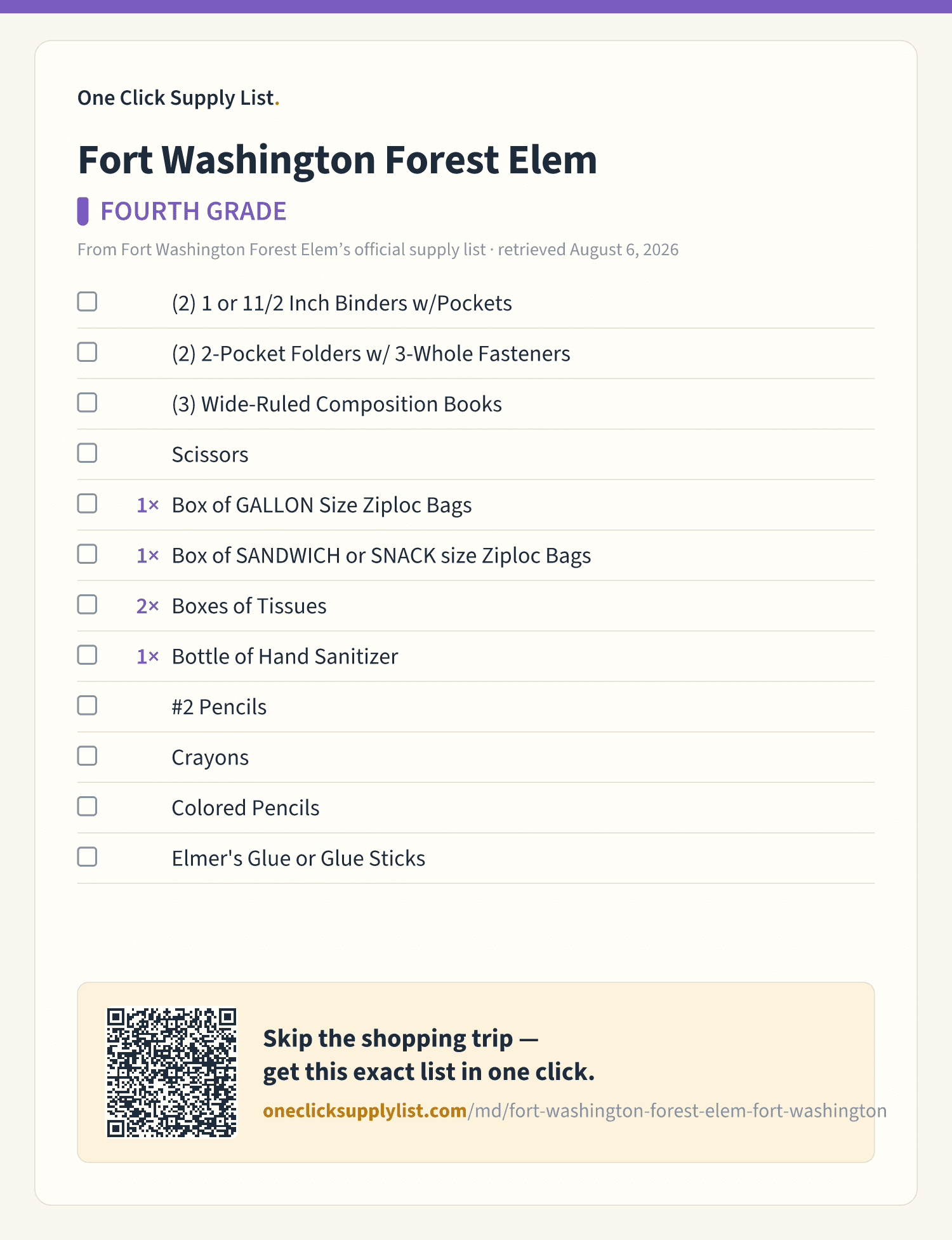 Fort Washington Forest Elem FOURTH GRADE supply list — printable image