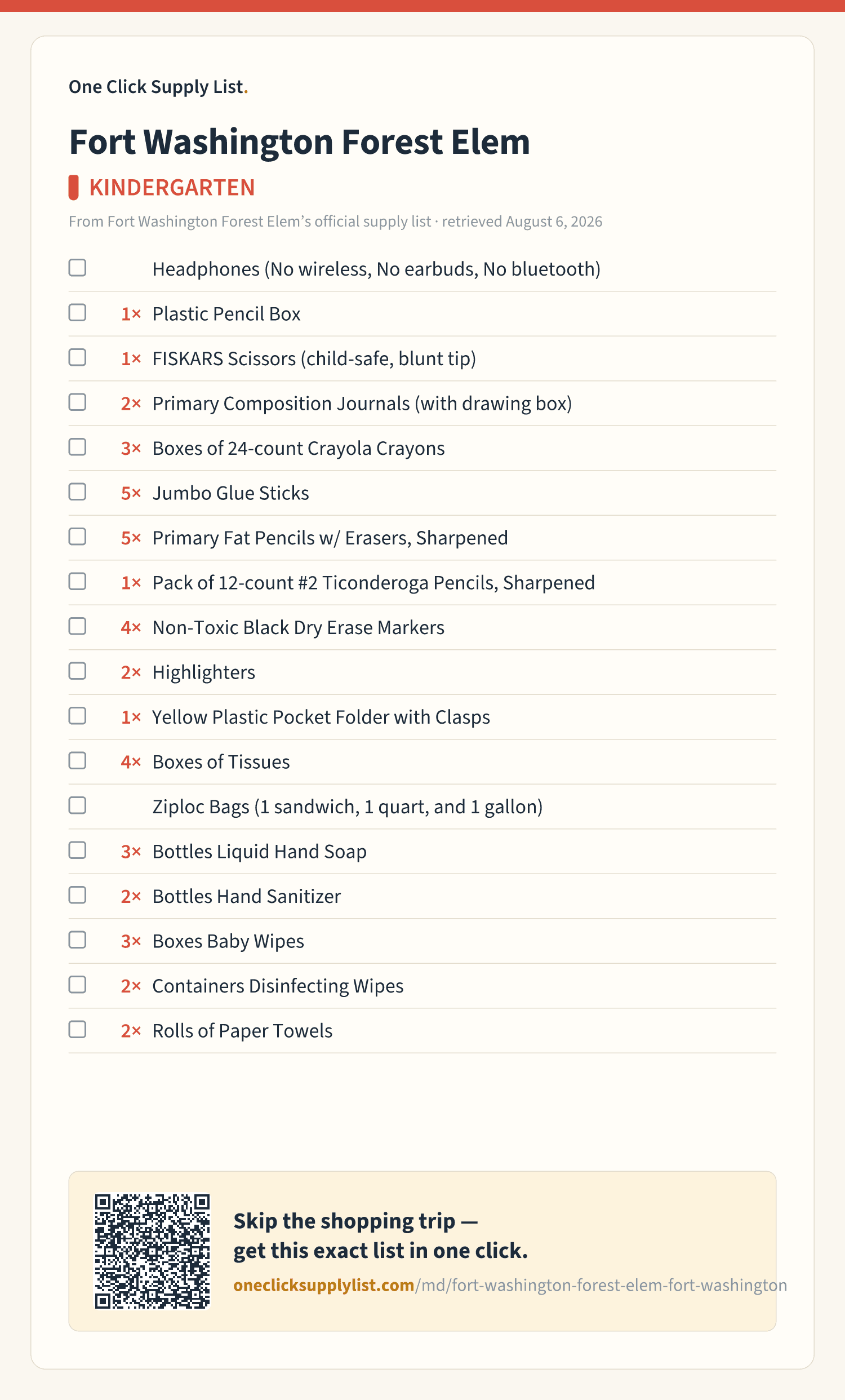 Fort Washington Forest Elem KINDERGARTEN supply list — printable image