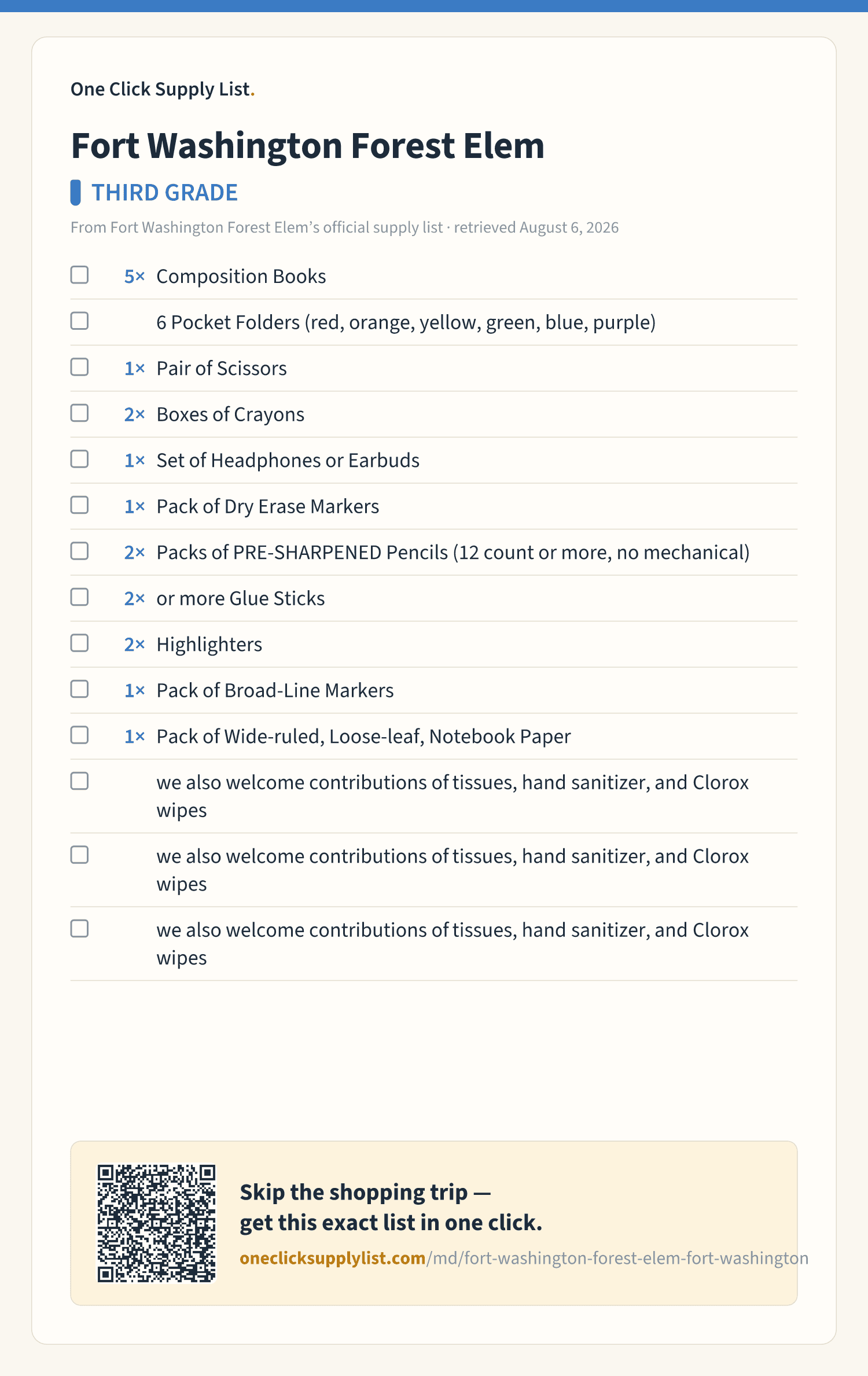 Fort Washington Forest Elem THIRD GRADE supply list — printable image