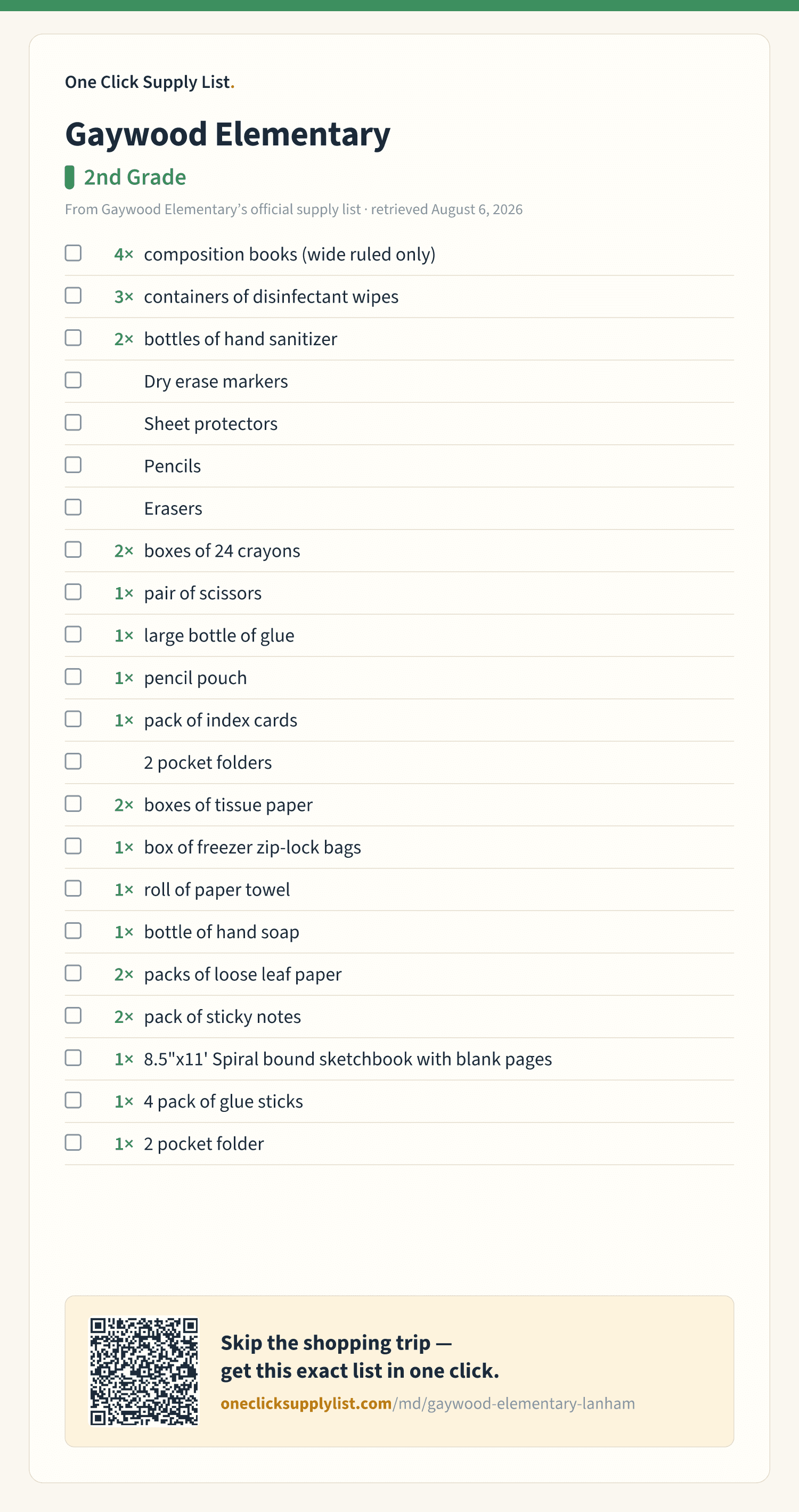 Gaywood Elementary 2nd Grade supply list — printable image