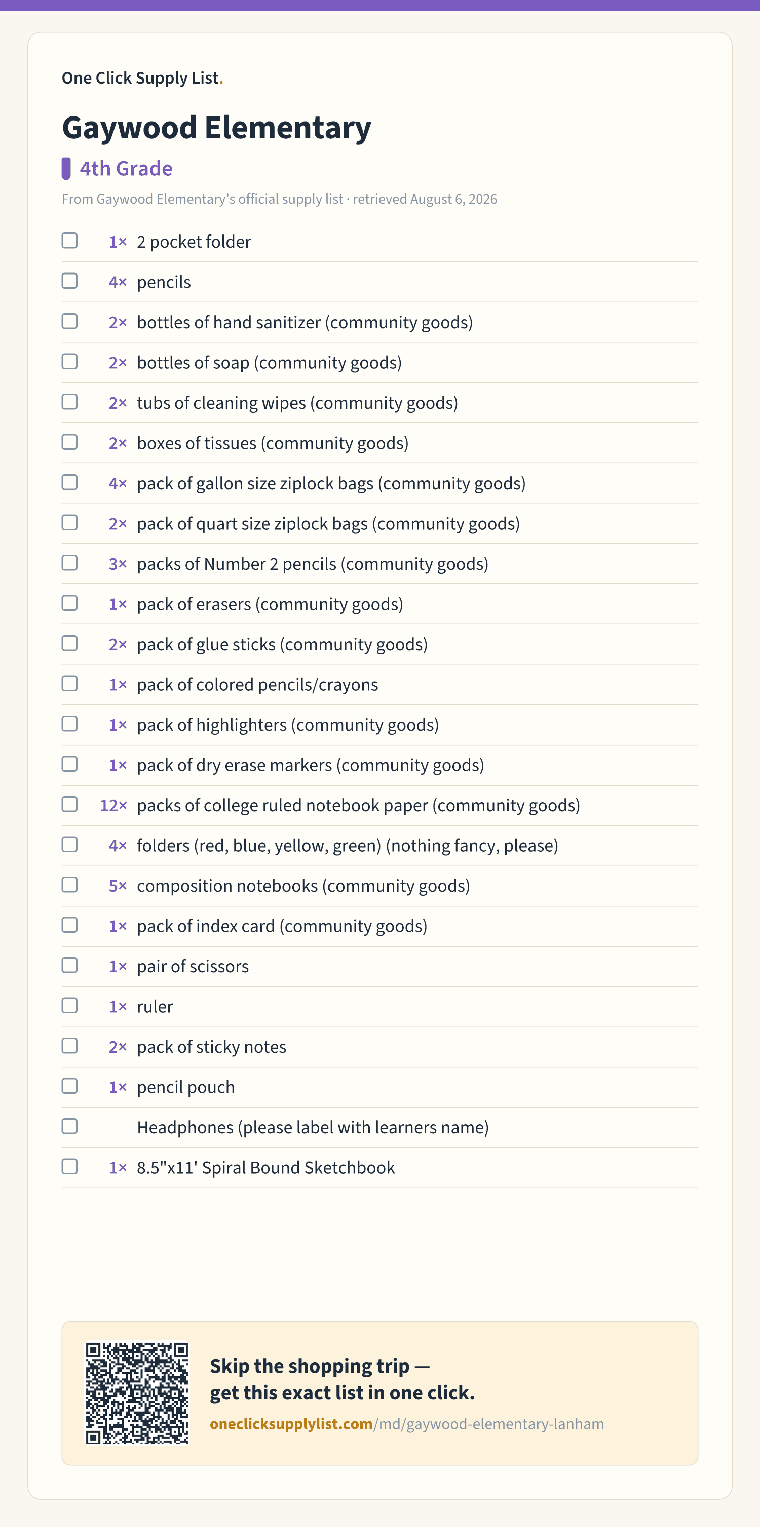 Gaywood Elementary 4th Grade supply list — printable image