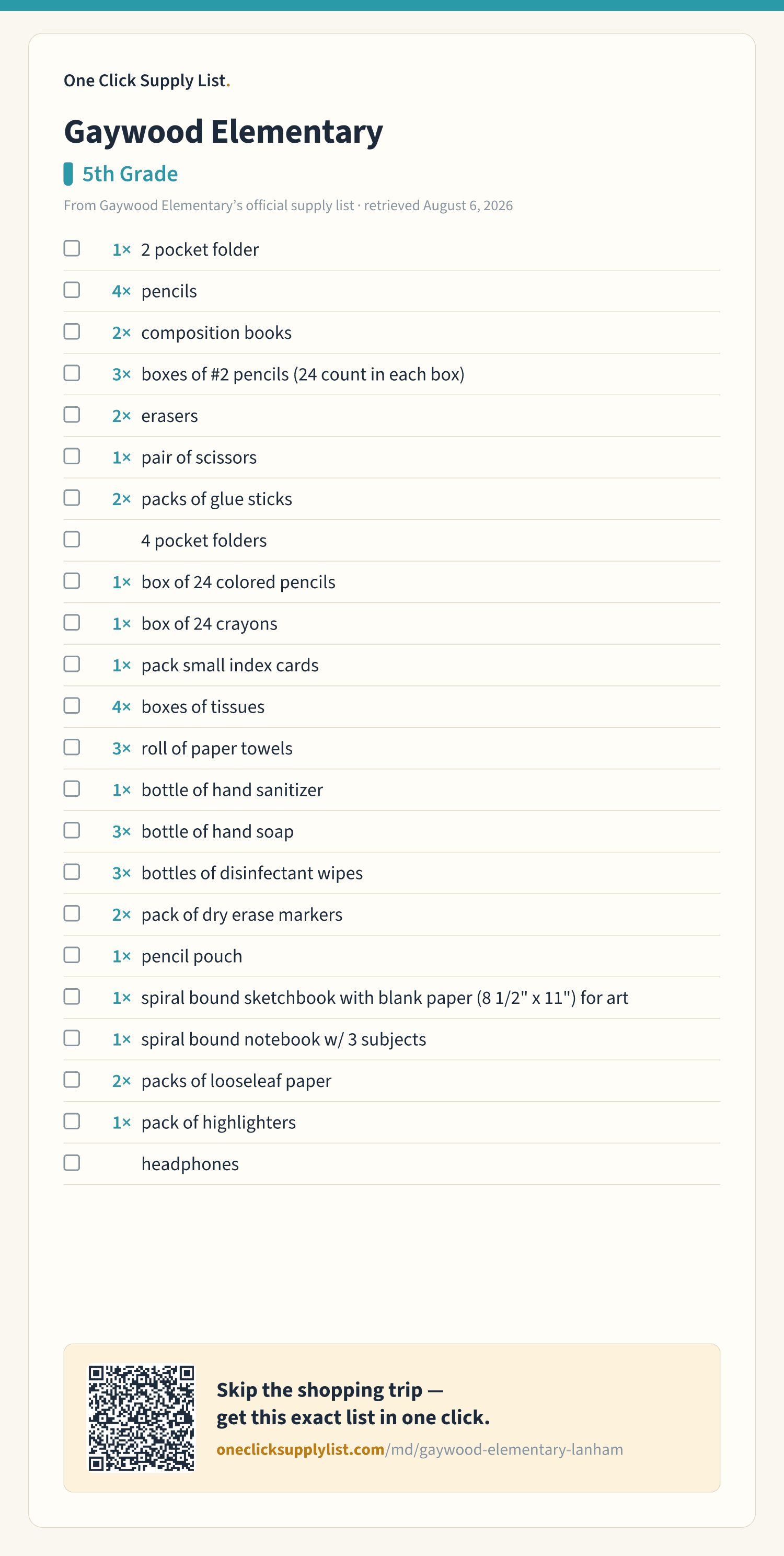 Gaywood Elementary 5th Grade supply list — printable image