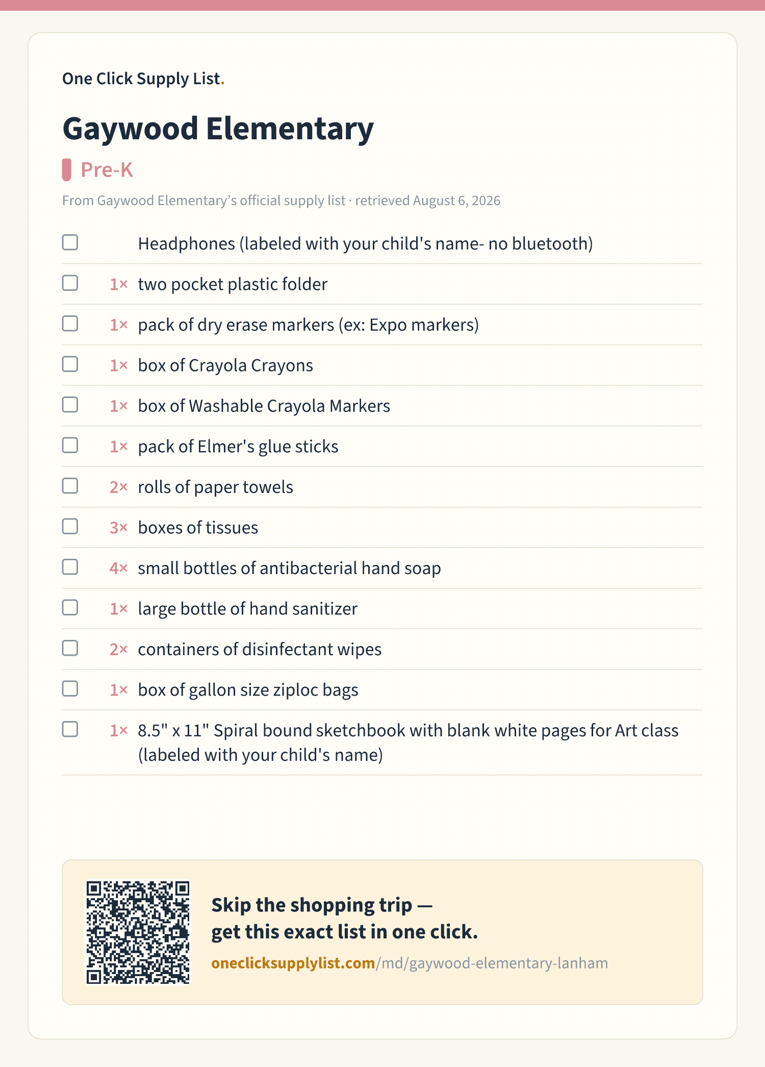 Gaywood Elementary Pre-K supply list — printable image