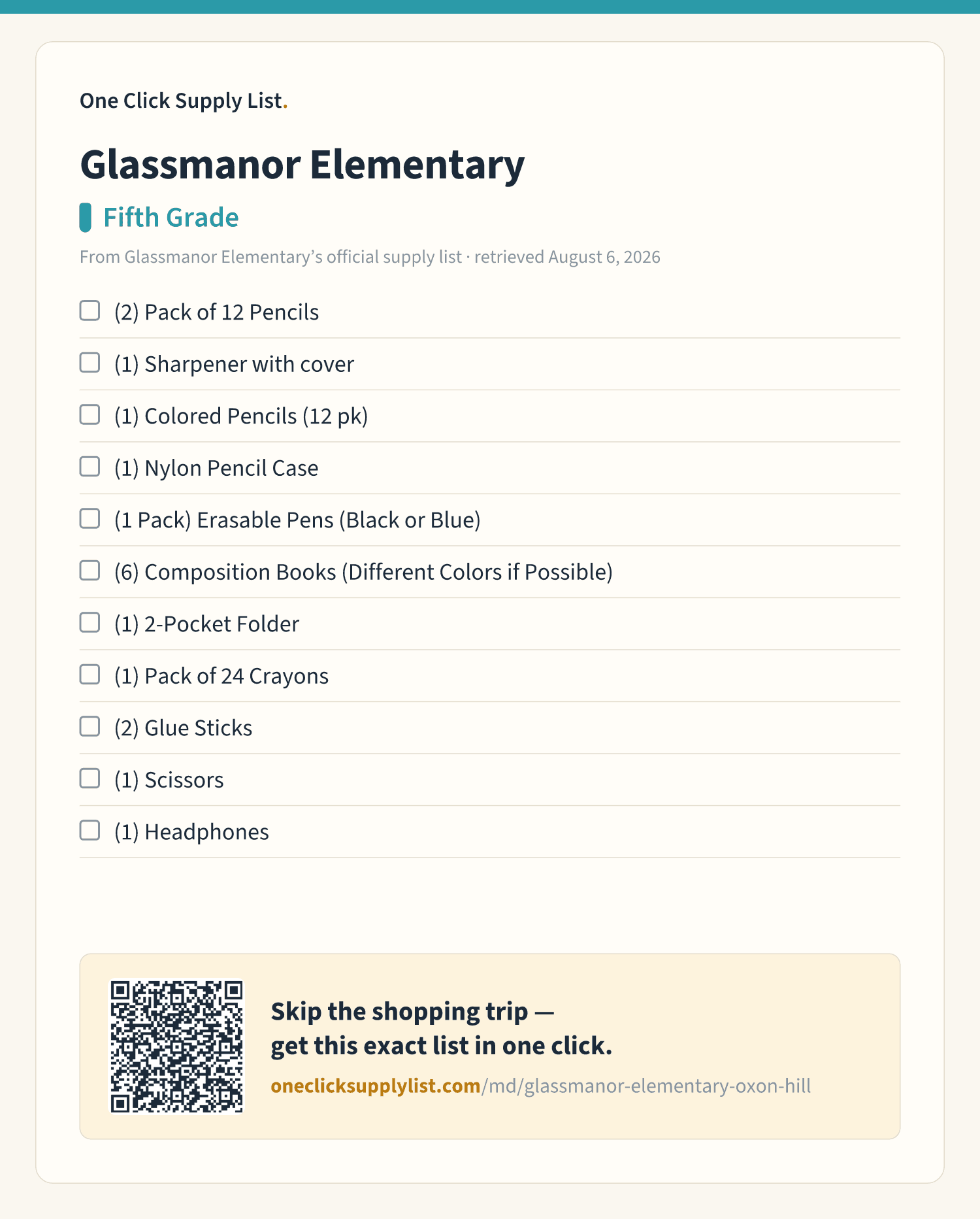 Glassmanor Elementary Fifth Grade supply list — printable image