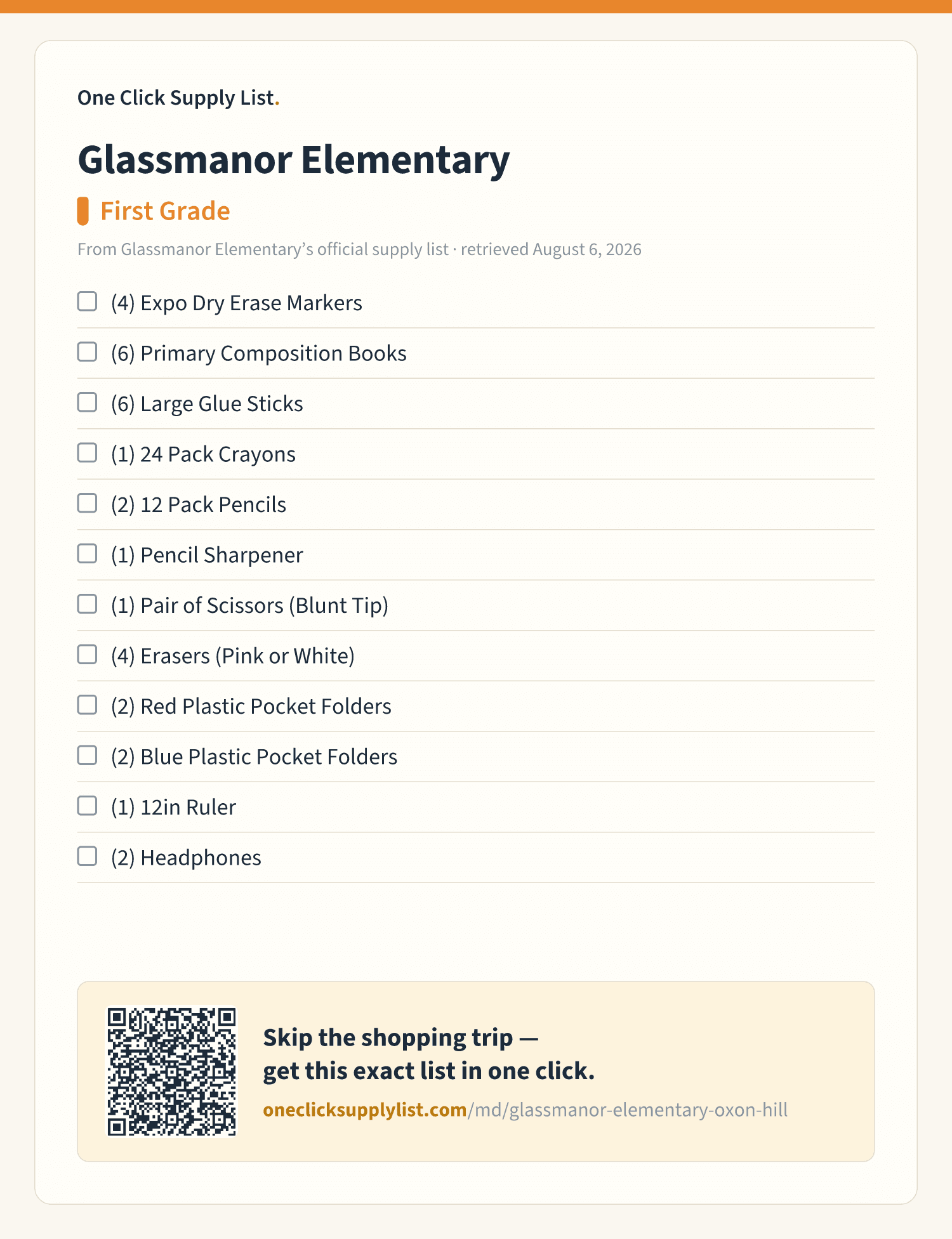 Glassmanor Elementary First Grade supply list — printable image
