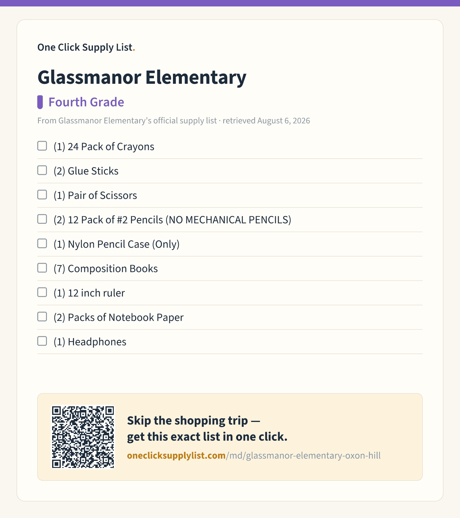 Glassmanor Elementary Fourth Grade supply list — printable image