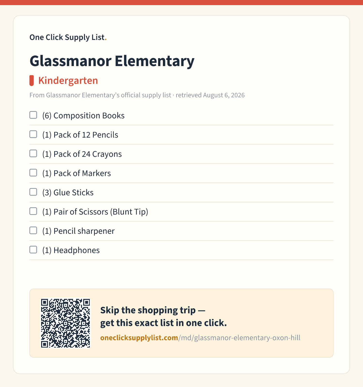 Glassmanor Elementary Kindergarten supply list — printable image