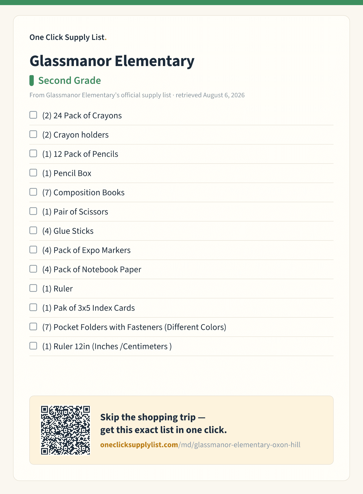 Glassmanor Elementary Second Grade supply list — printable image