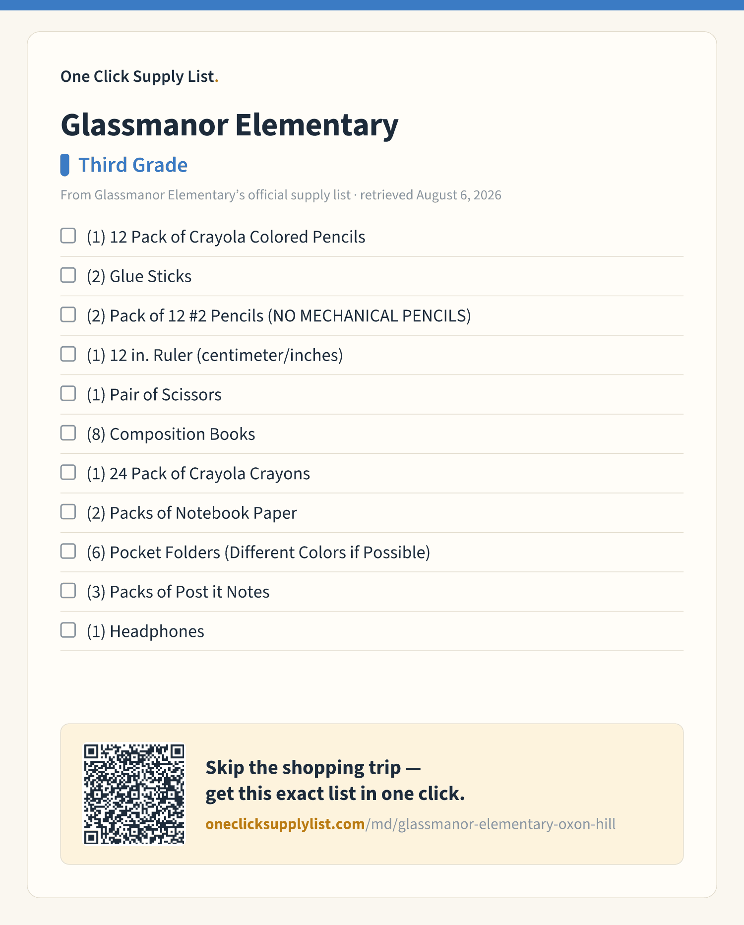Glassmanor Elementary Third Grade supply list — printable image
