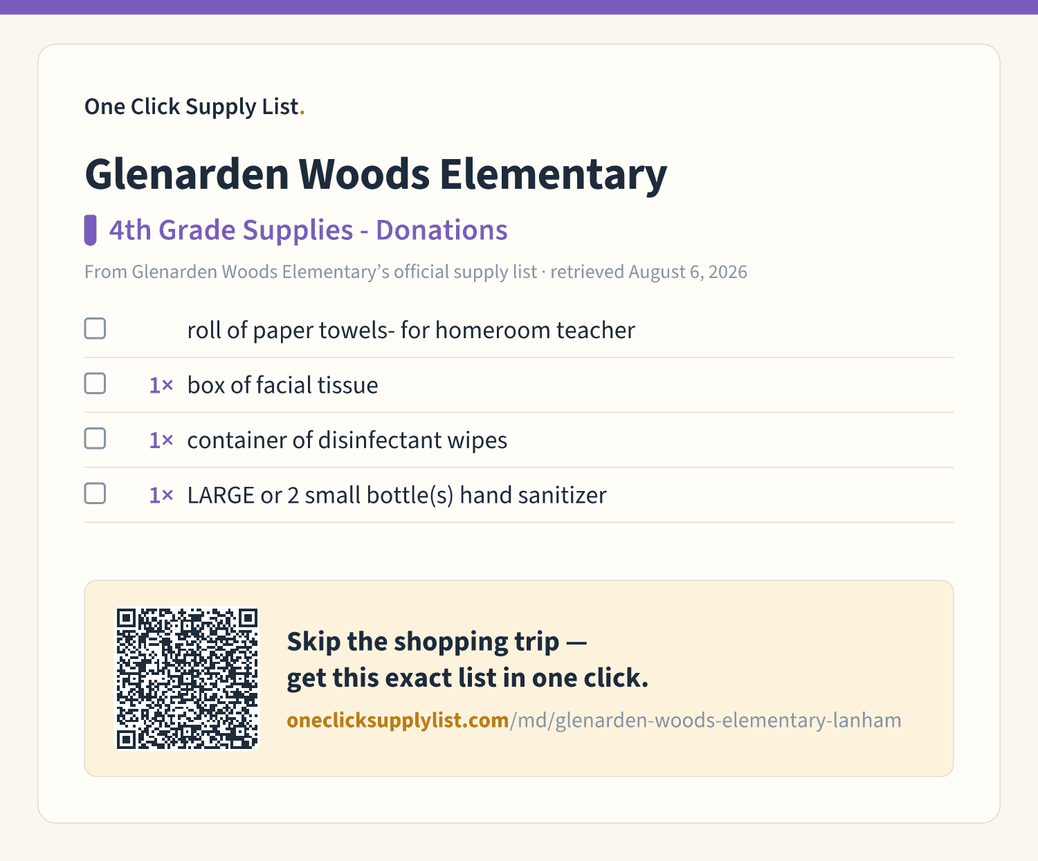 Glenarden Woods Elementary 4th Grade Supplies - Donations supply list — printable image