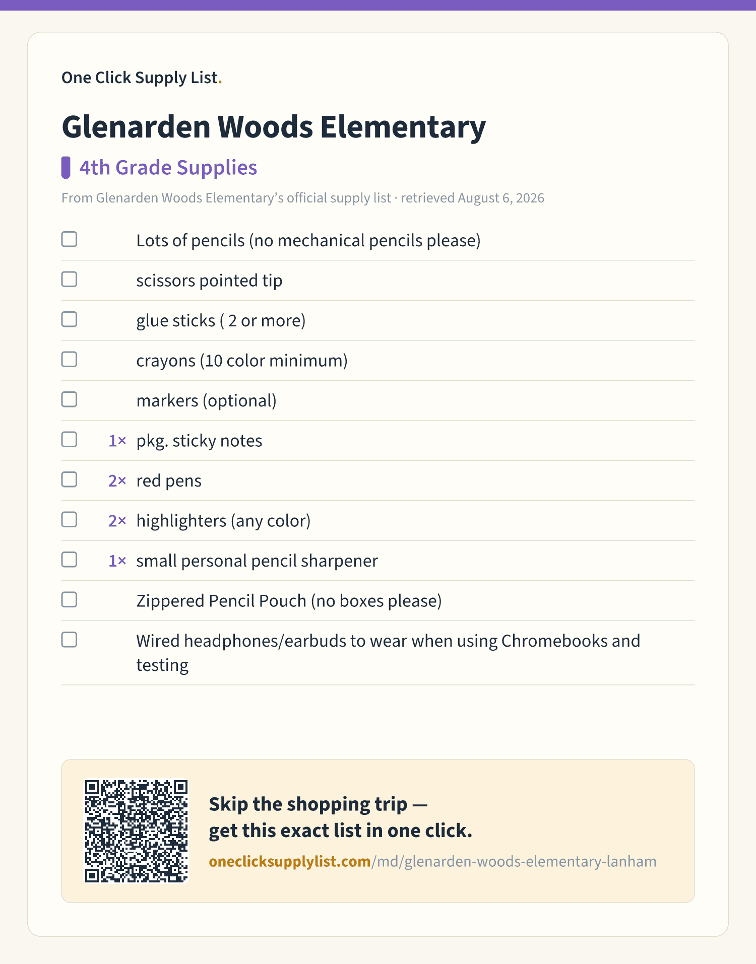 Glenarden Woods Elementary 4th Grade Supplies supply list — printable image