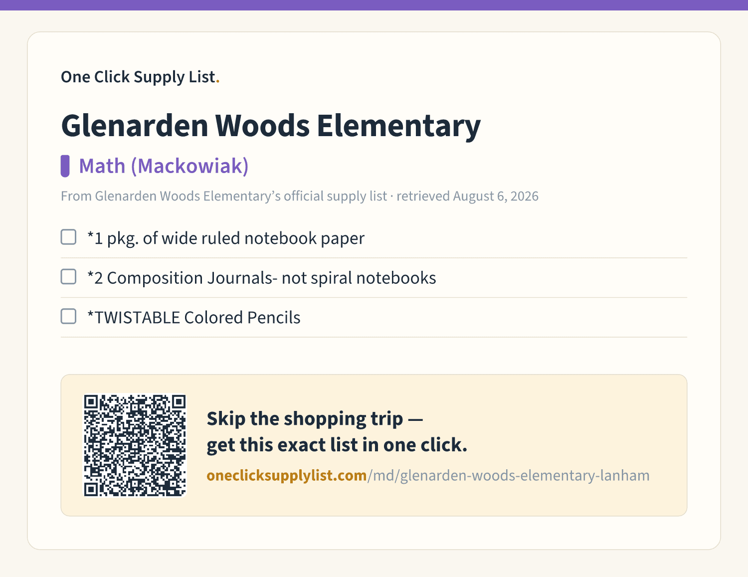 Glenarden Woods Elementary Math (Mackowiak) supply list — printable image