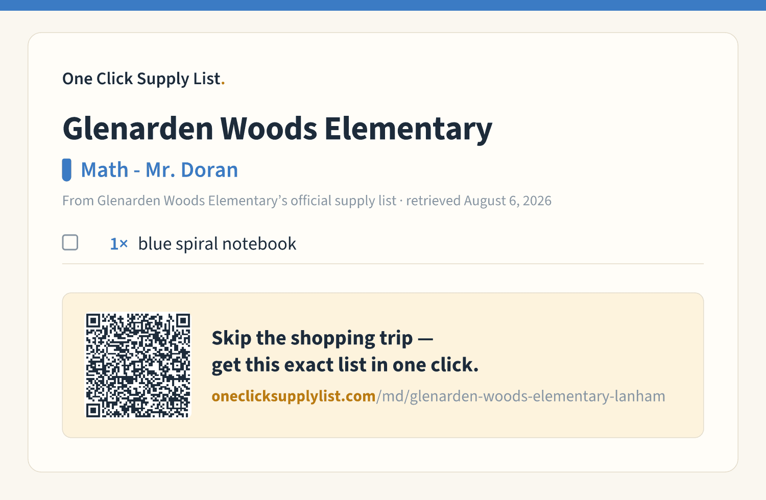 Glenarden Woods Elementary Math - Mr. Doran supply list — printable image