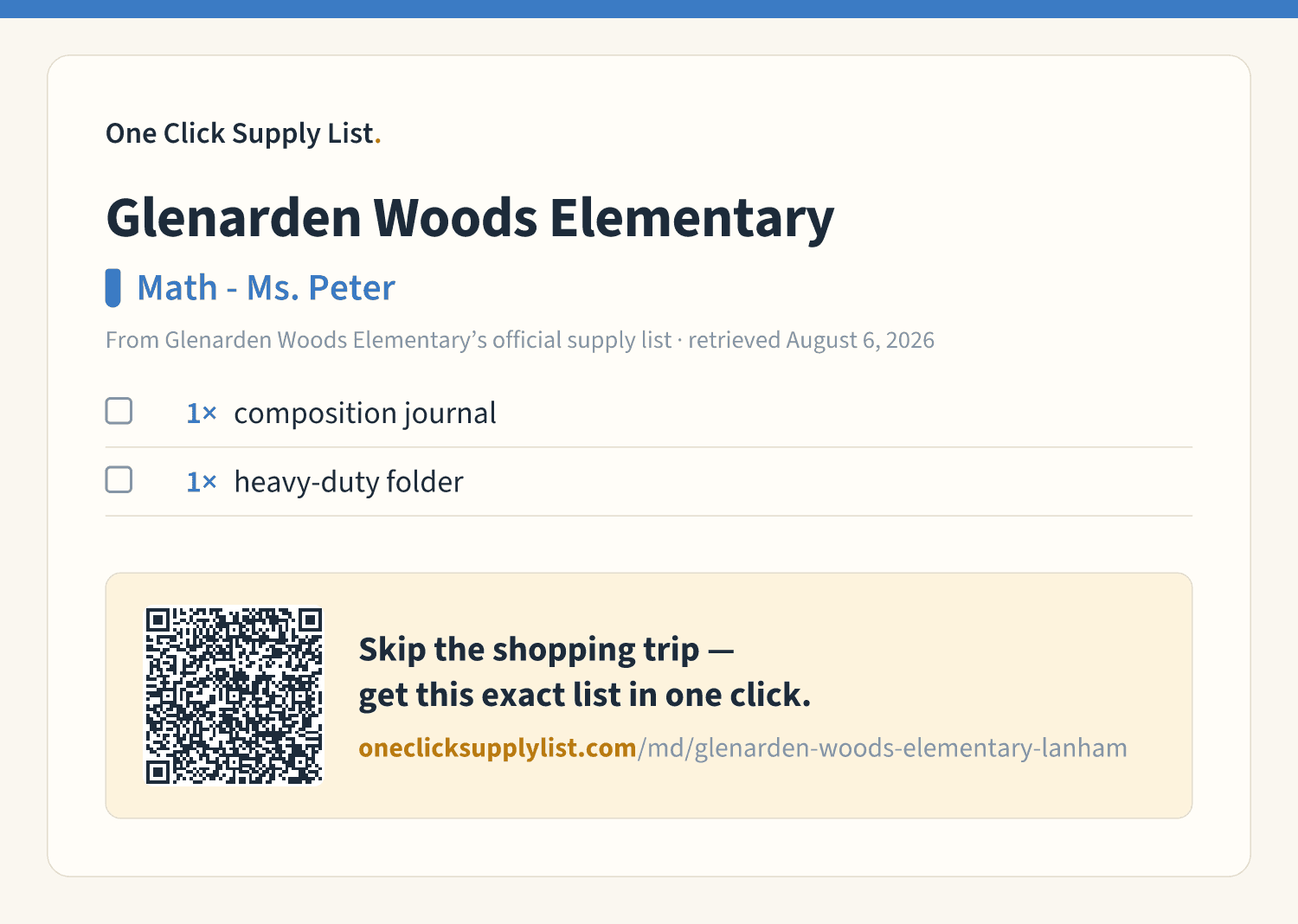 Glenarden Woods Elementary Math - Ms. Peter supply list — printable image