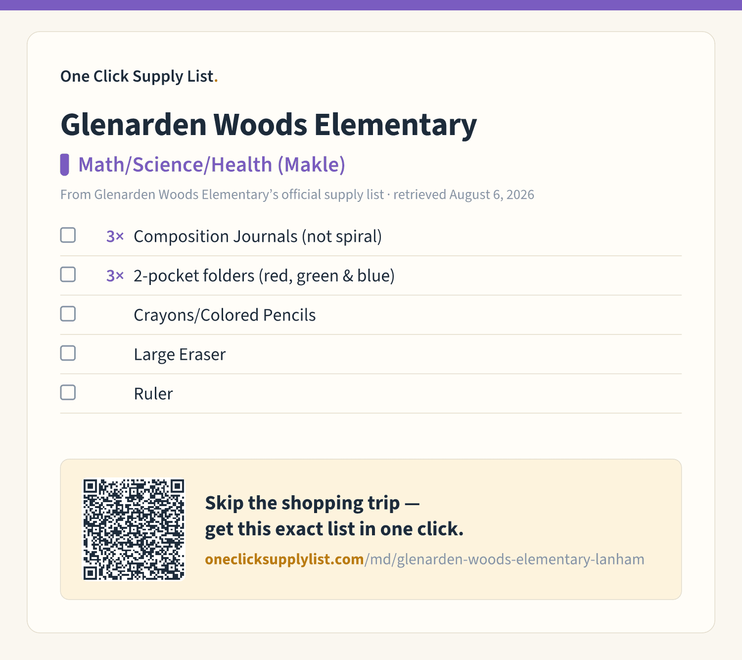 Glenarden Woods Elementary Math/Science/Health (Makle) supply list — printable image