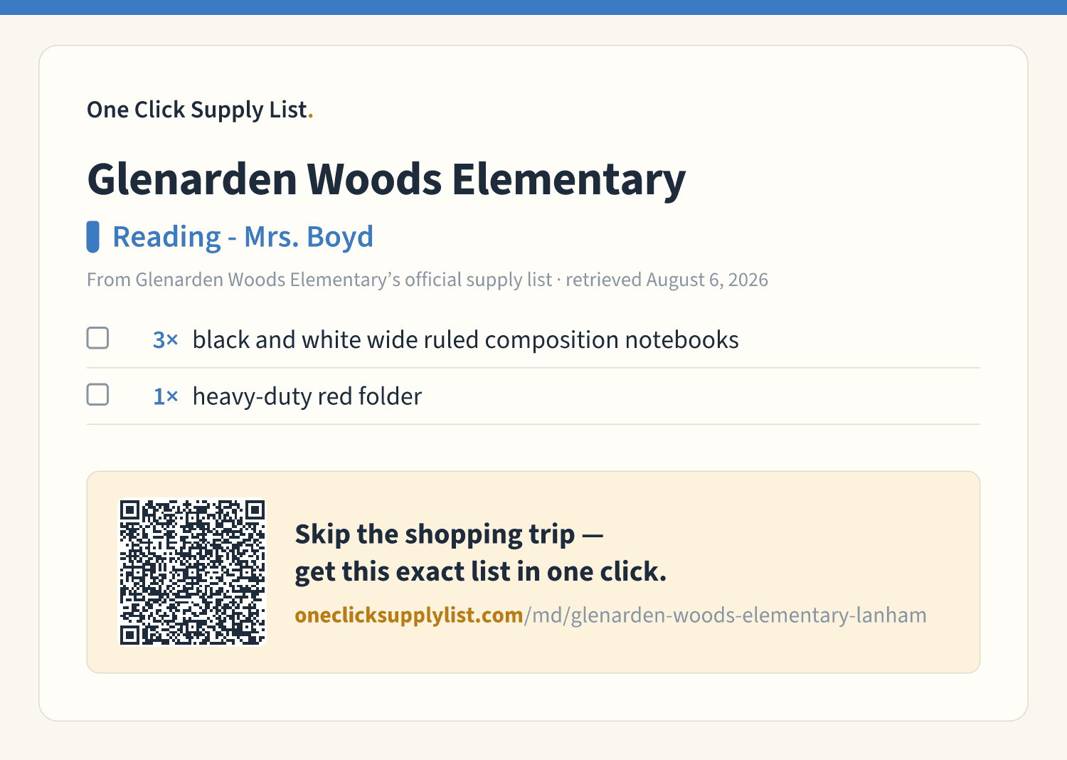 Glenarden Woods Elementary Reading - Mrs. Boyd supply list — printable image