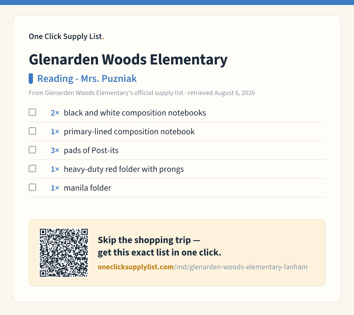 Glenarden Woods Elementary Reading - Mrs. Puzniak supply list — printable image