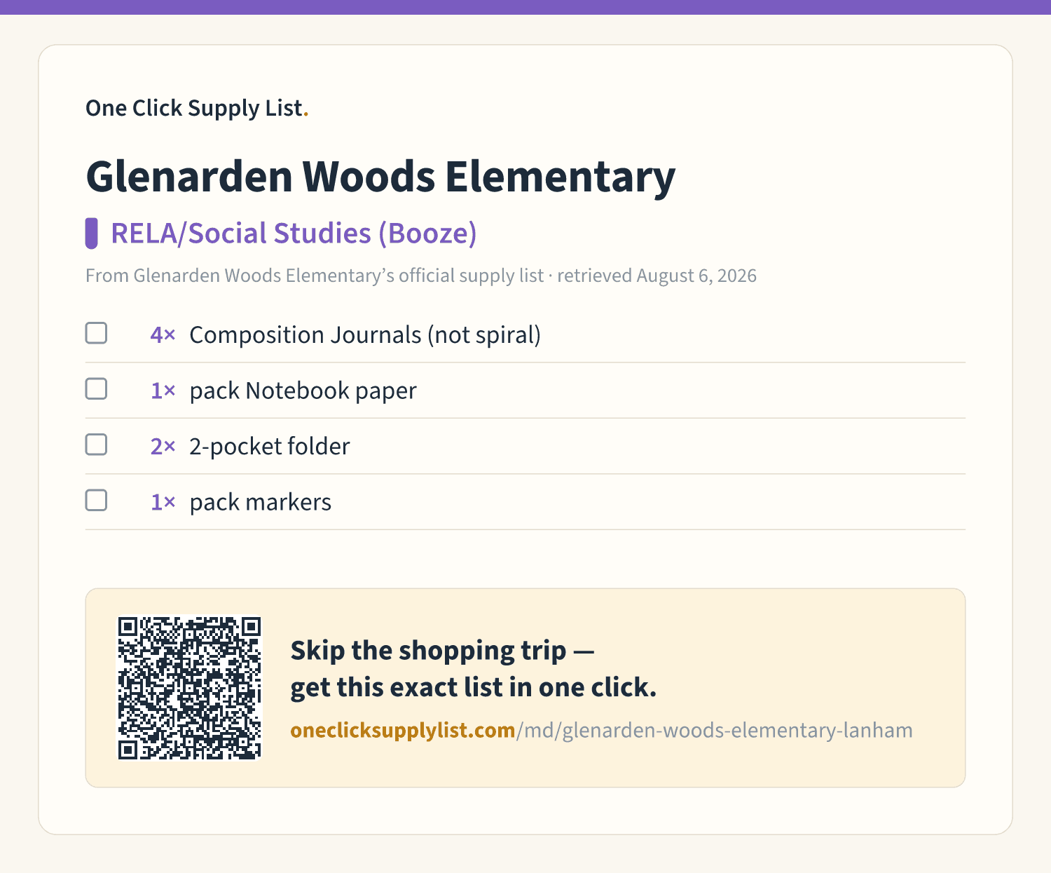 Glenarden Woods Elementary RELA/Social Studies (Booze) supply list — printable image