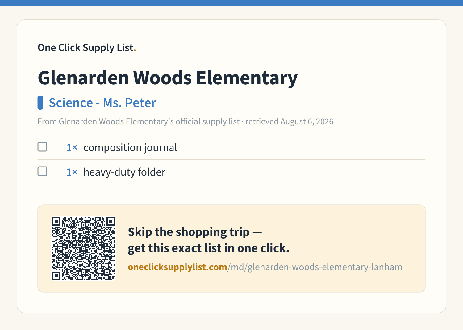 Glenarden Woods Elementary Science - Ms. Peter supply list — printable image