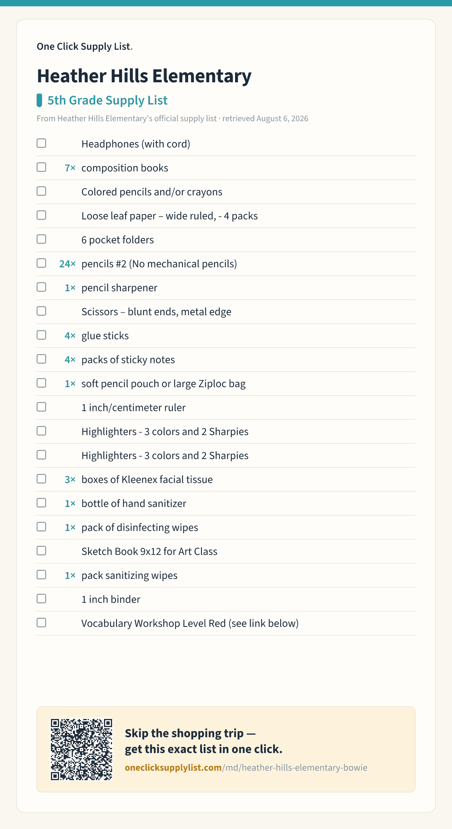 Heather Hills Elementary 5th Grade Supply List supply list — printable image