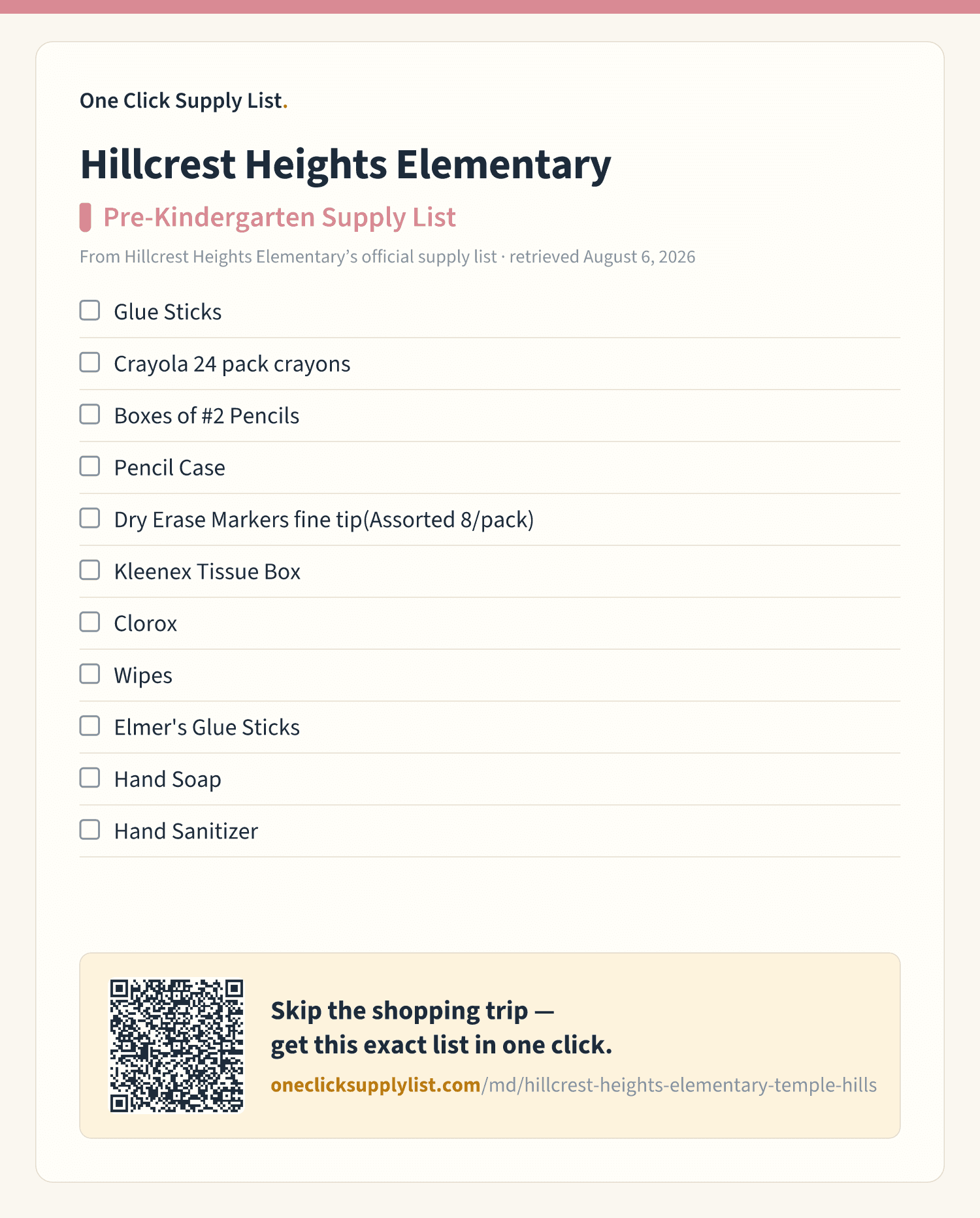 Hillcrest Heights Elementary Pre-Kindergarten Supply List supply list — printable image