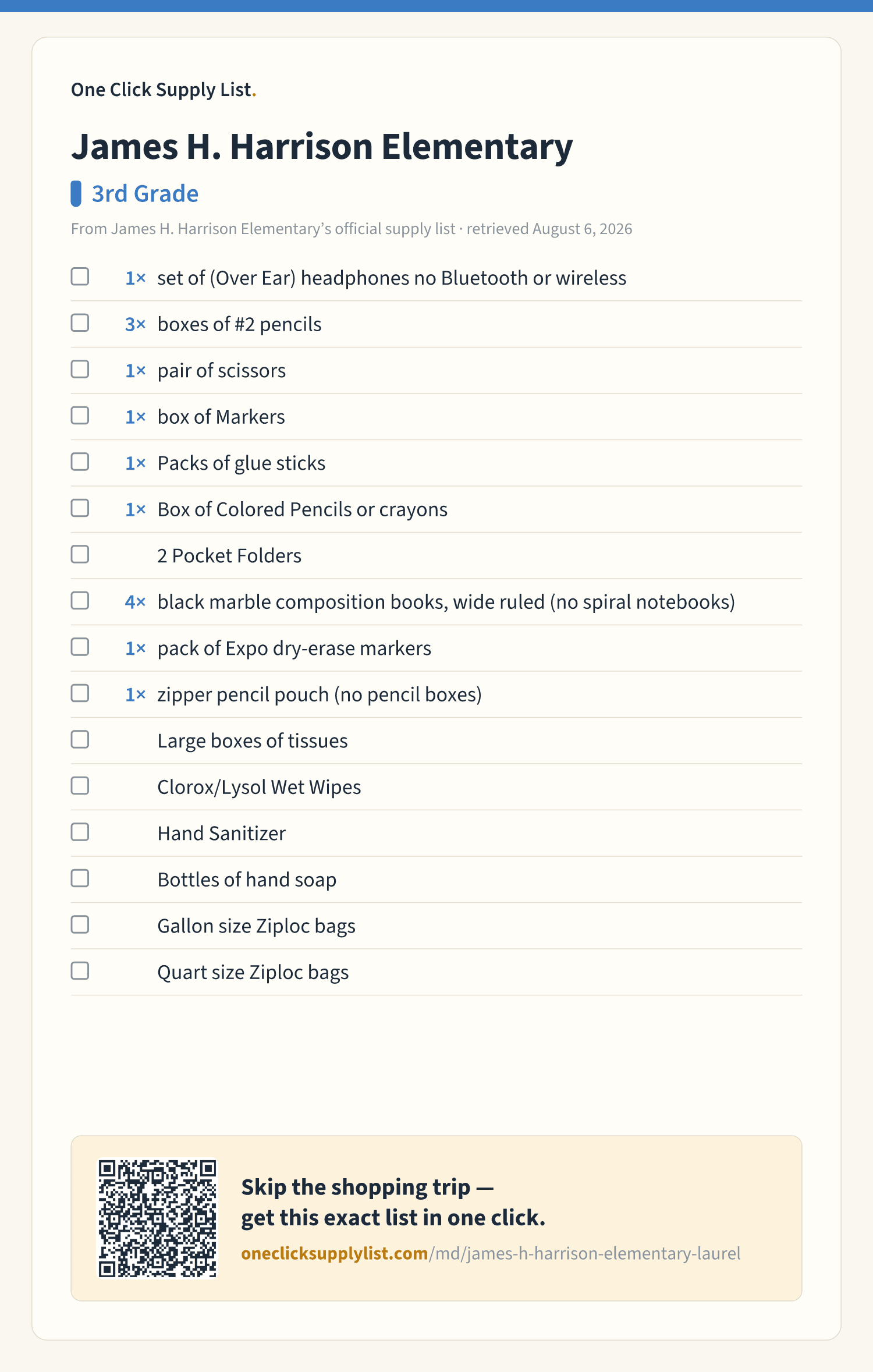 James H. Harrison Elementary 3rd Grade supply list — printable image