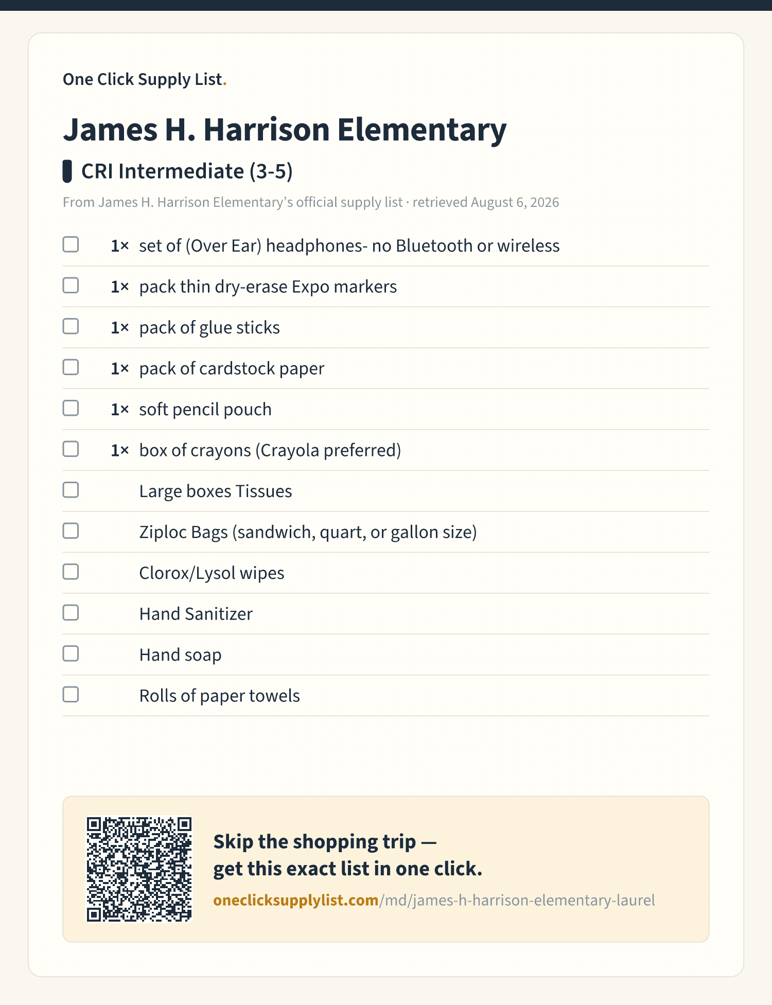 James H. Harrison Elementary CRI Intermediate (3-5) supply list — printable image