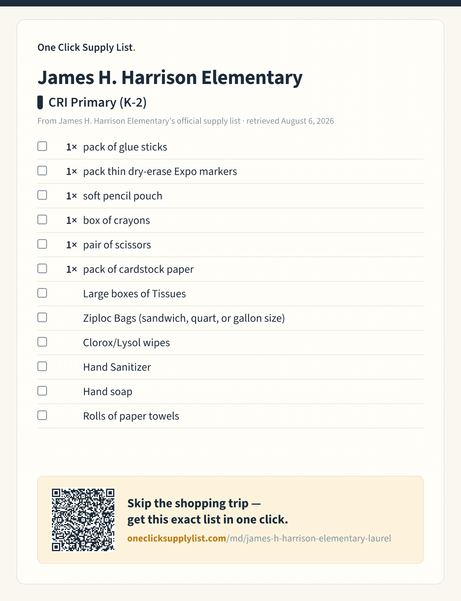 James H. Harrison Elementary CRI Primary (K-2) supply list — printable image