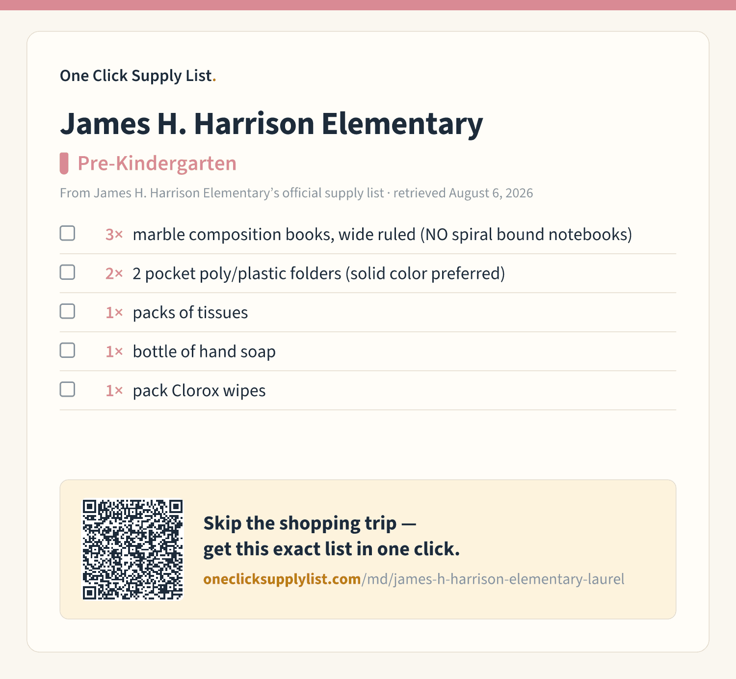 James H. Harrison Elementary Pre-Kindergarten supply list — printable image