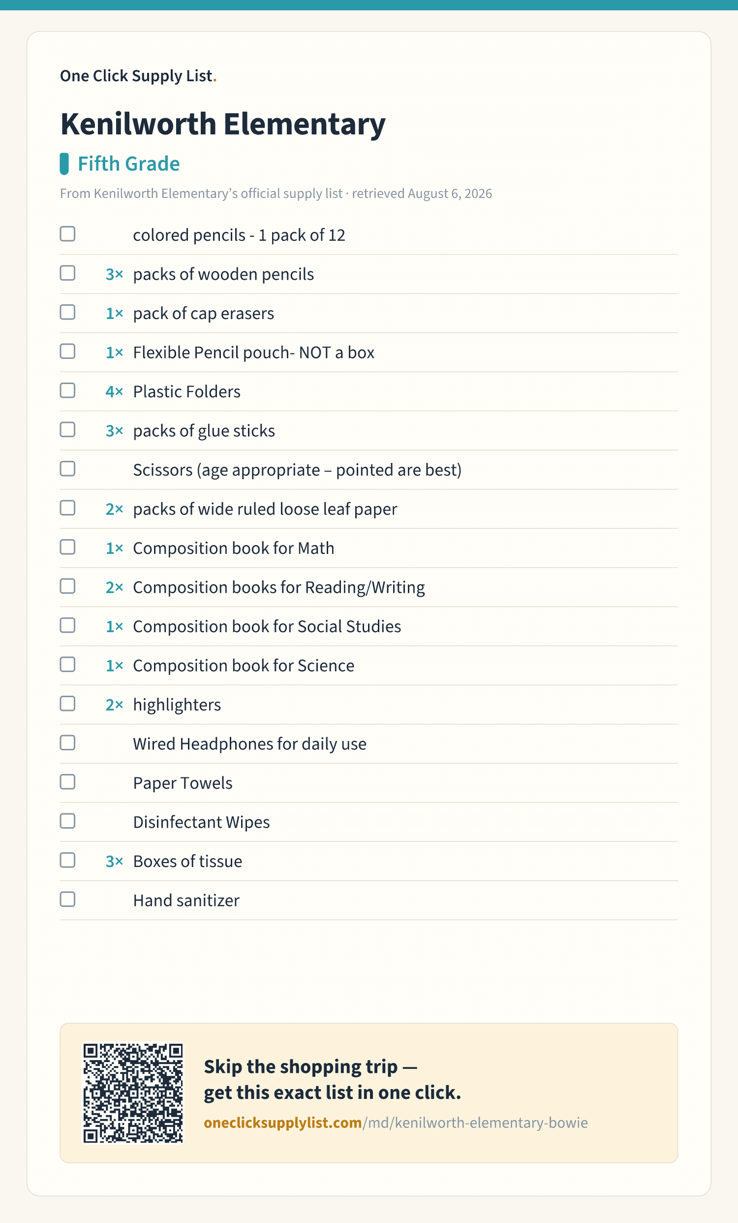 Kenilworth Elementary Fifth Grade supply list — printable image