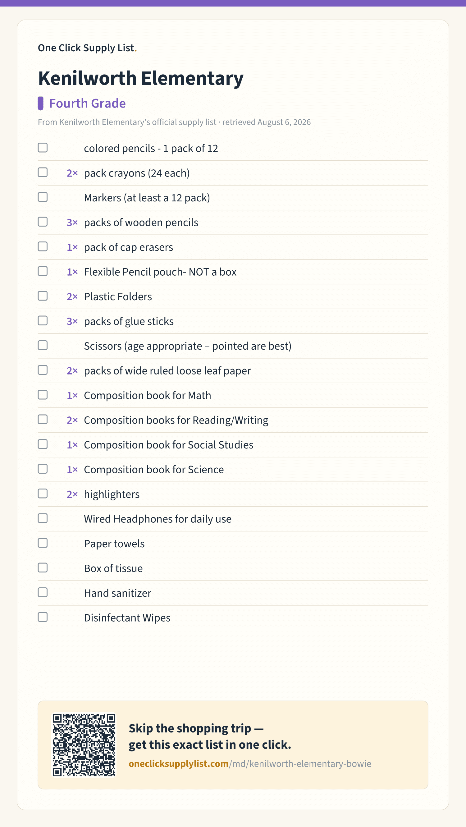 Kenilworth Elementary Fourth Grade supply list — printable image