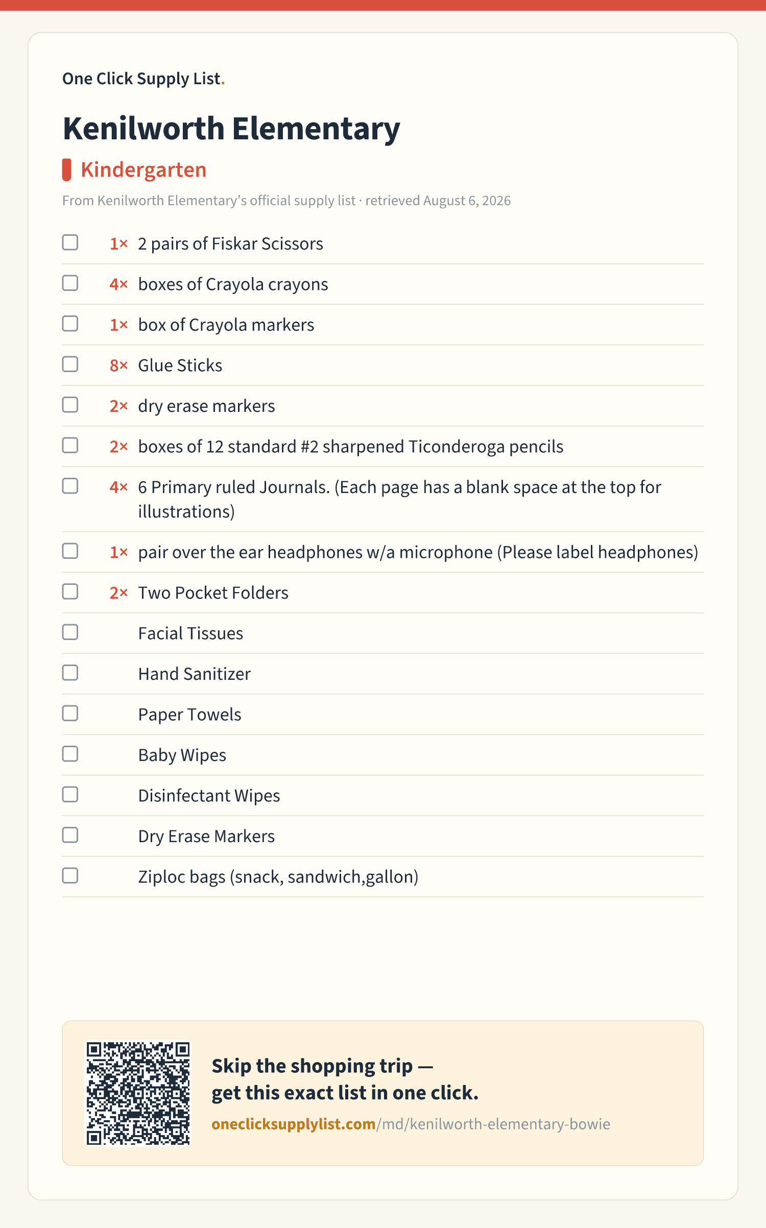 Kenilworth Elementary Kindergarten supply list — printable image