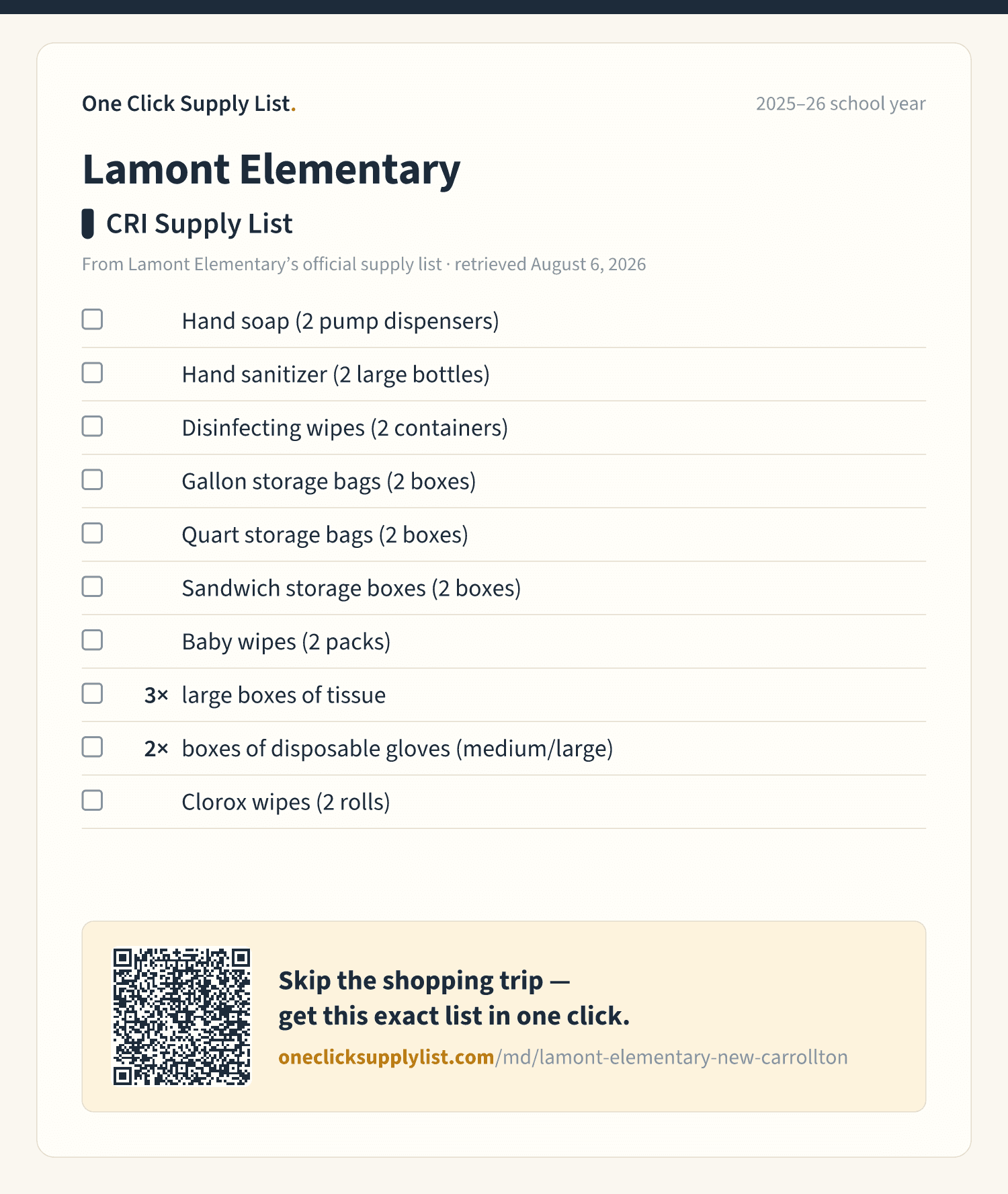 Lamont Elementary CRI Supply List supply list — printable image