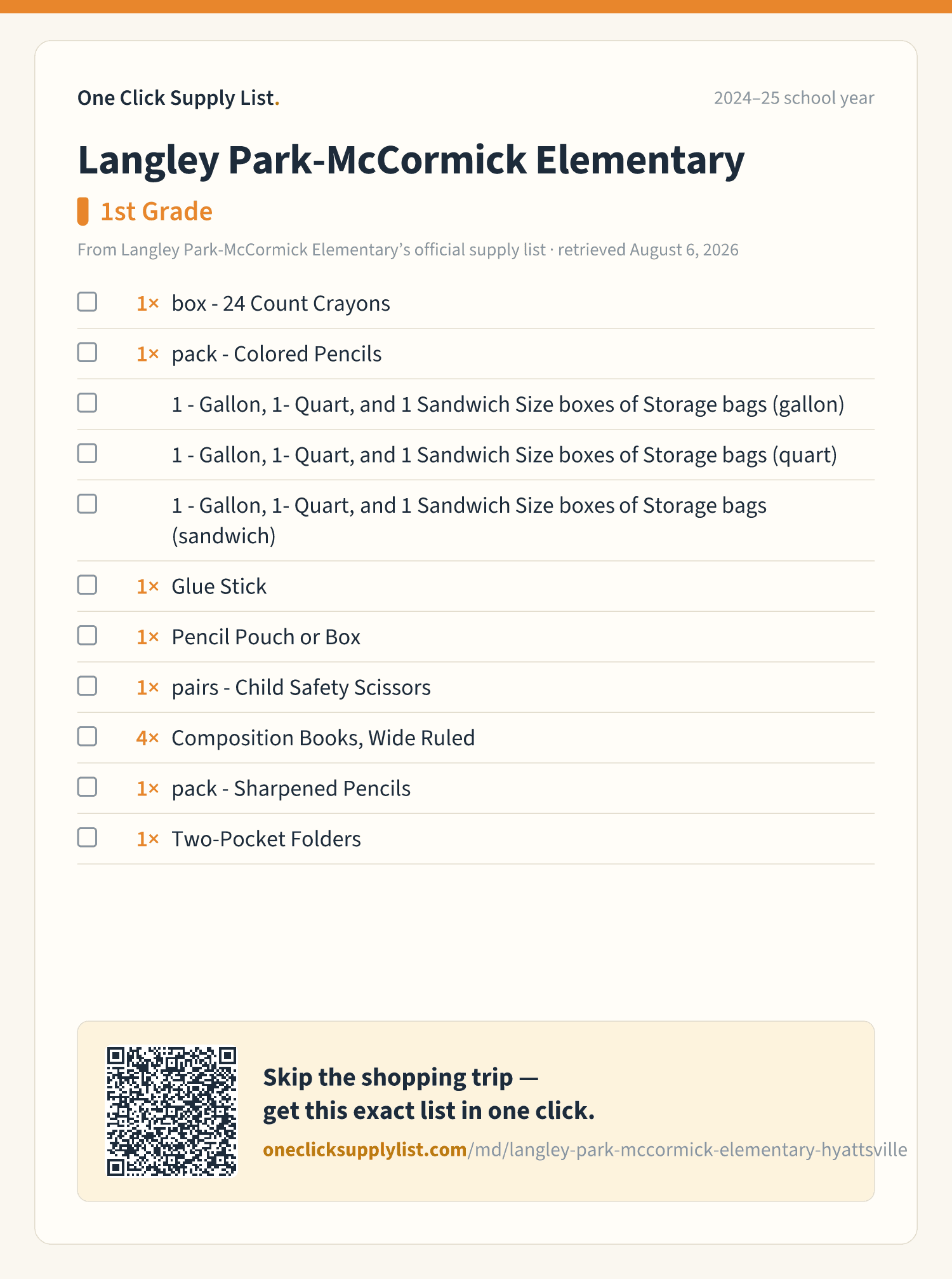 Langley Park-McCormick Elementary 1st Grade supply list — printable image