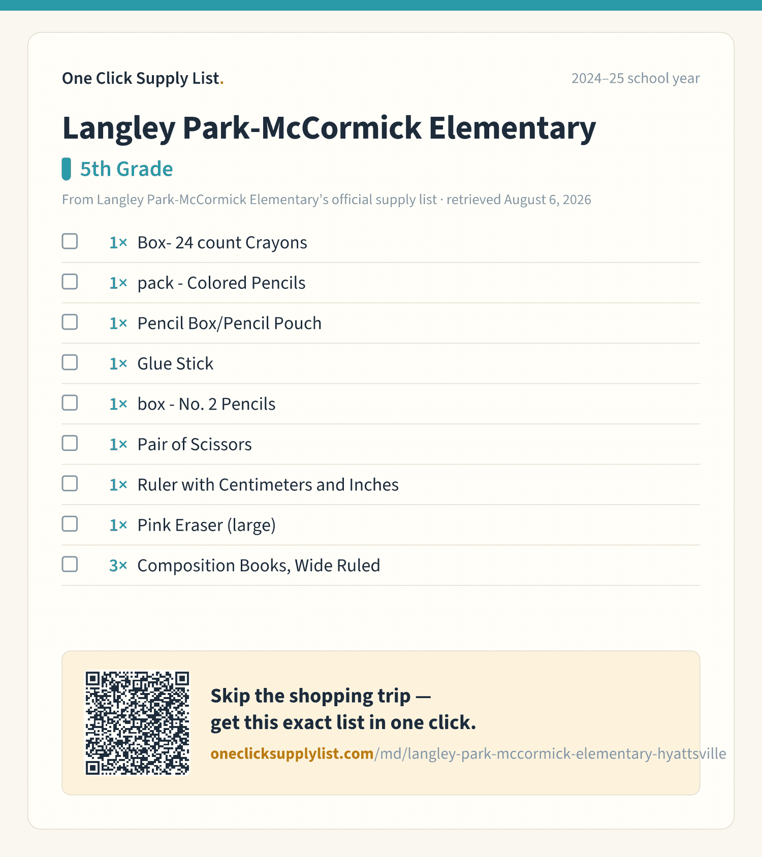 Langley Park-McCormick Elementary 5th Grade supply list — printable image