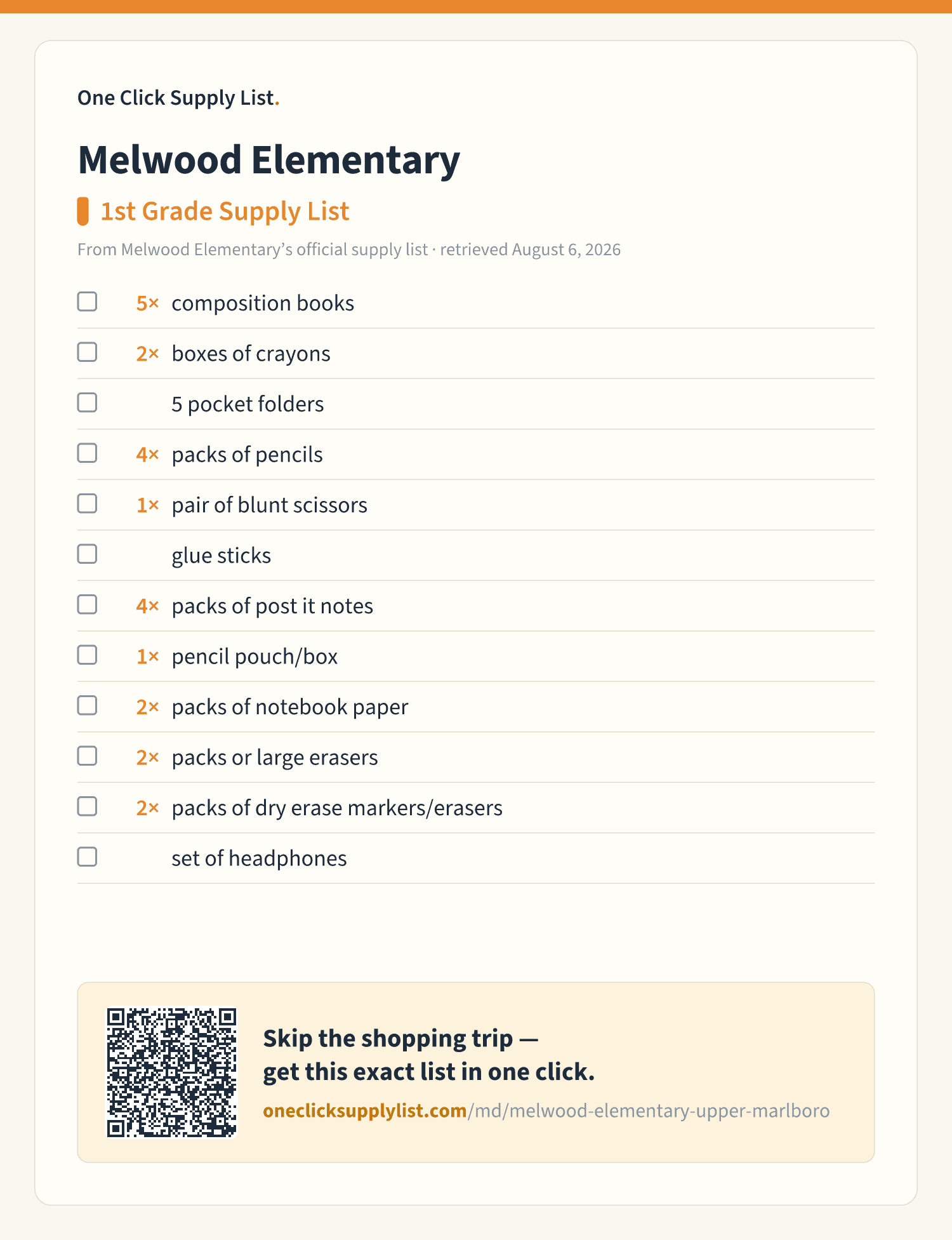 Melwood Elementary 1st Grade Supply List supply list — printable image