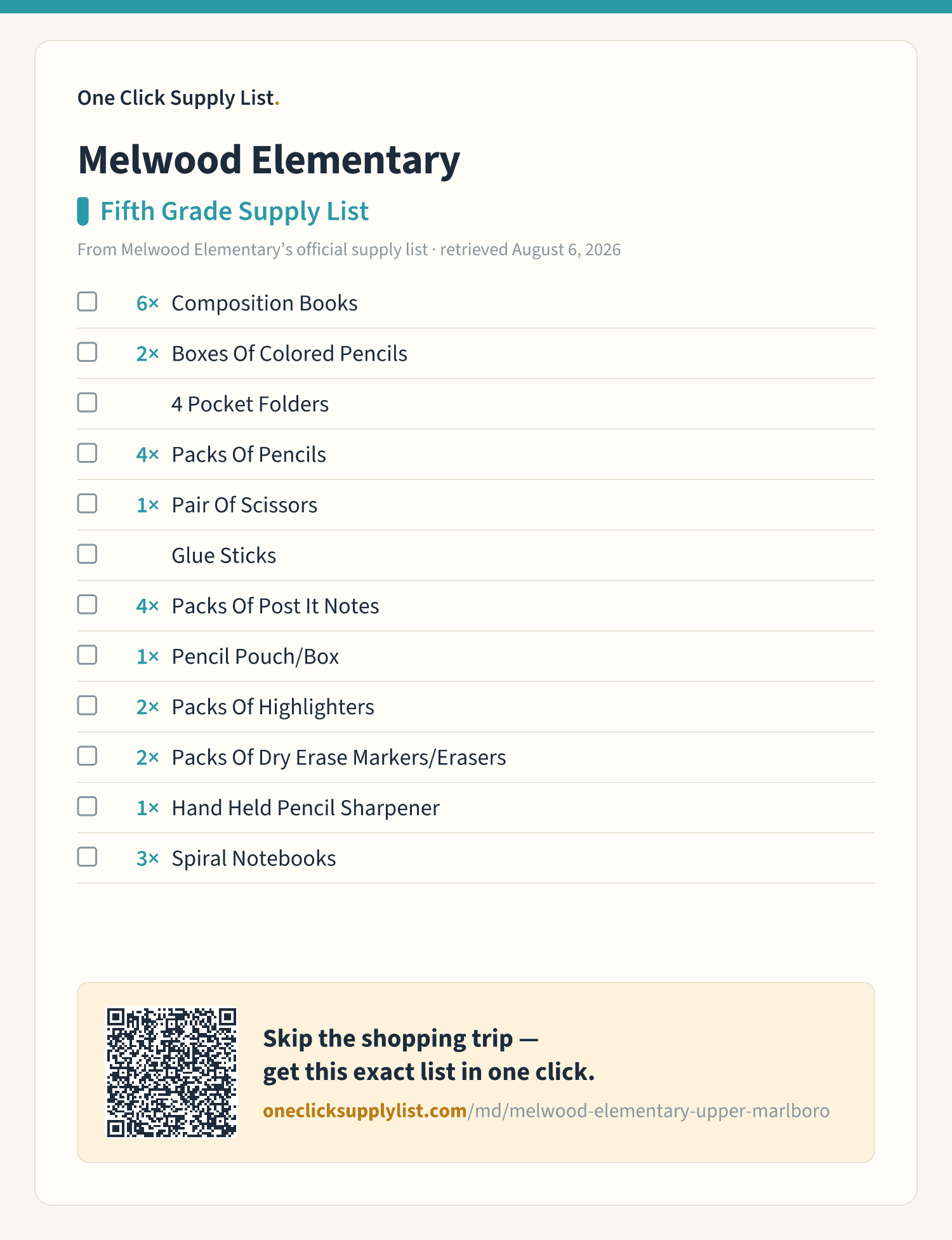 Melwood Elementary Fifth Grade Supply List supply list — printable image