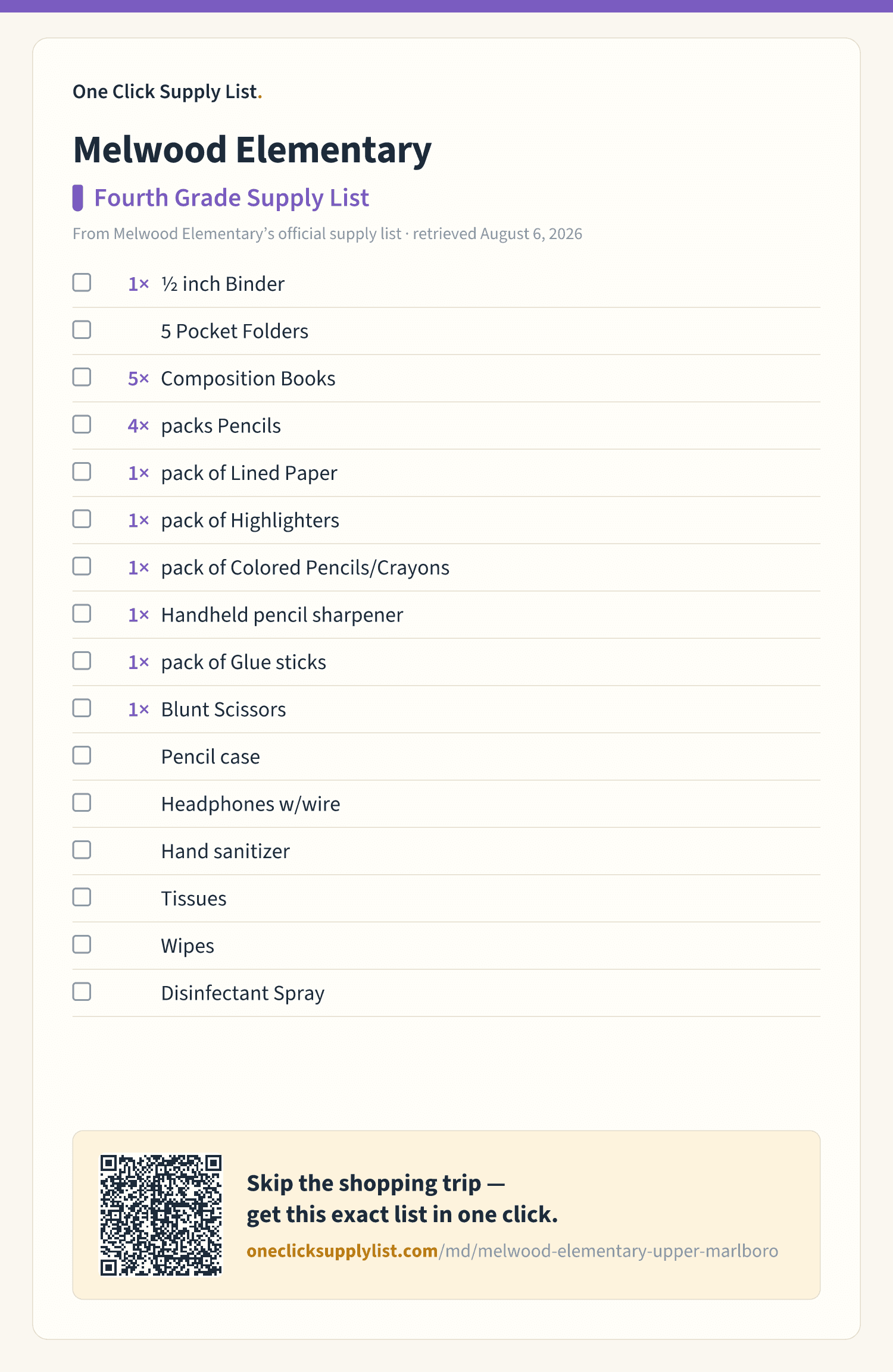 Melwood Elementary Fourth Grade Supply List supply list — printable image
