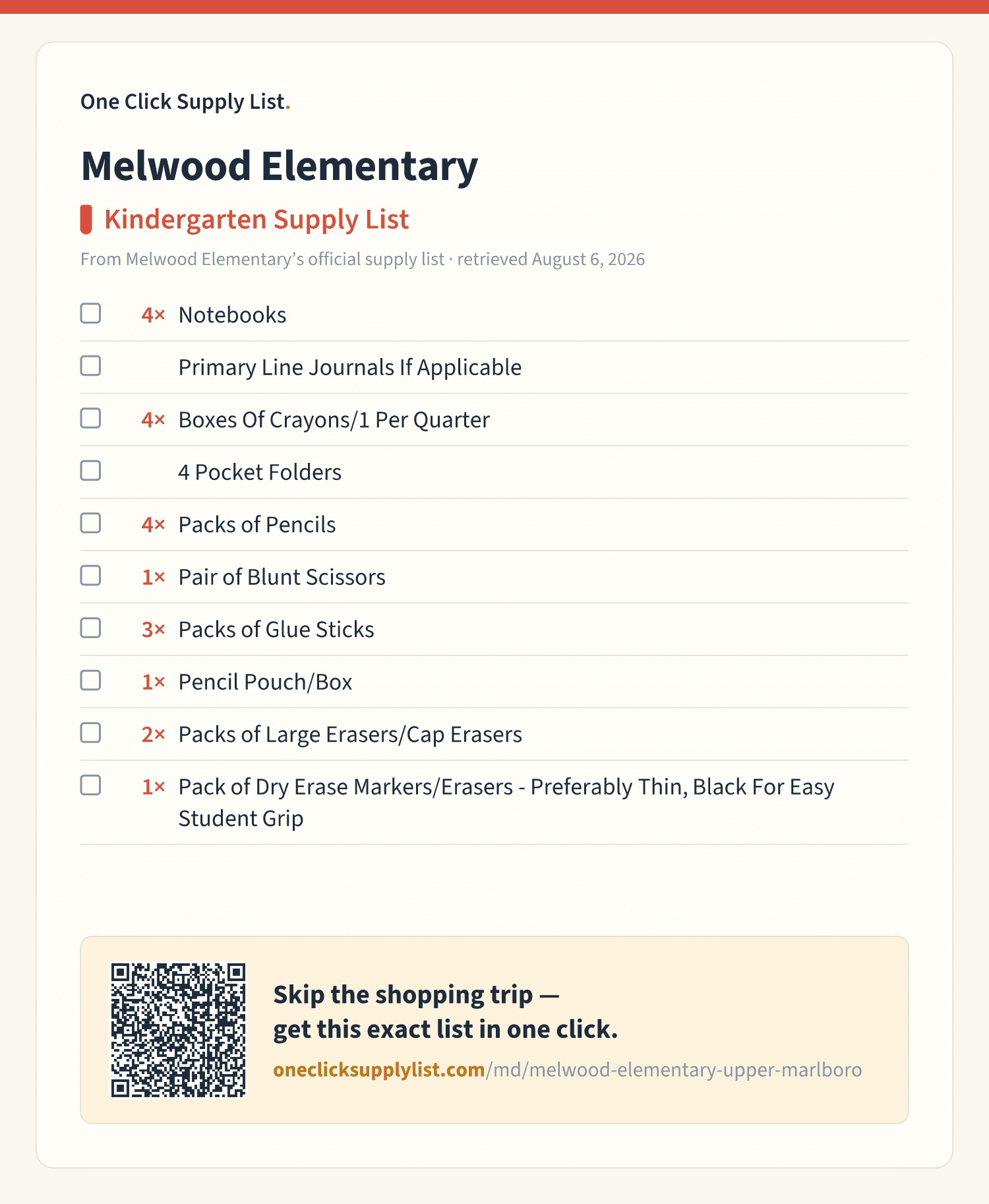 Melwood Elementary Kindergarten Supply List supply list — printable image