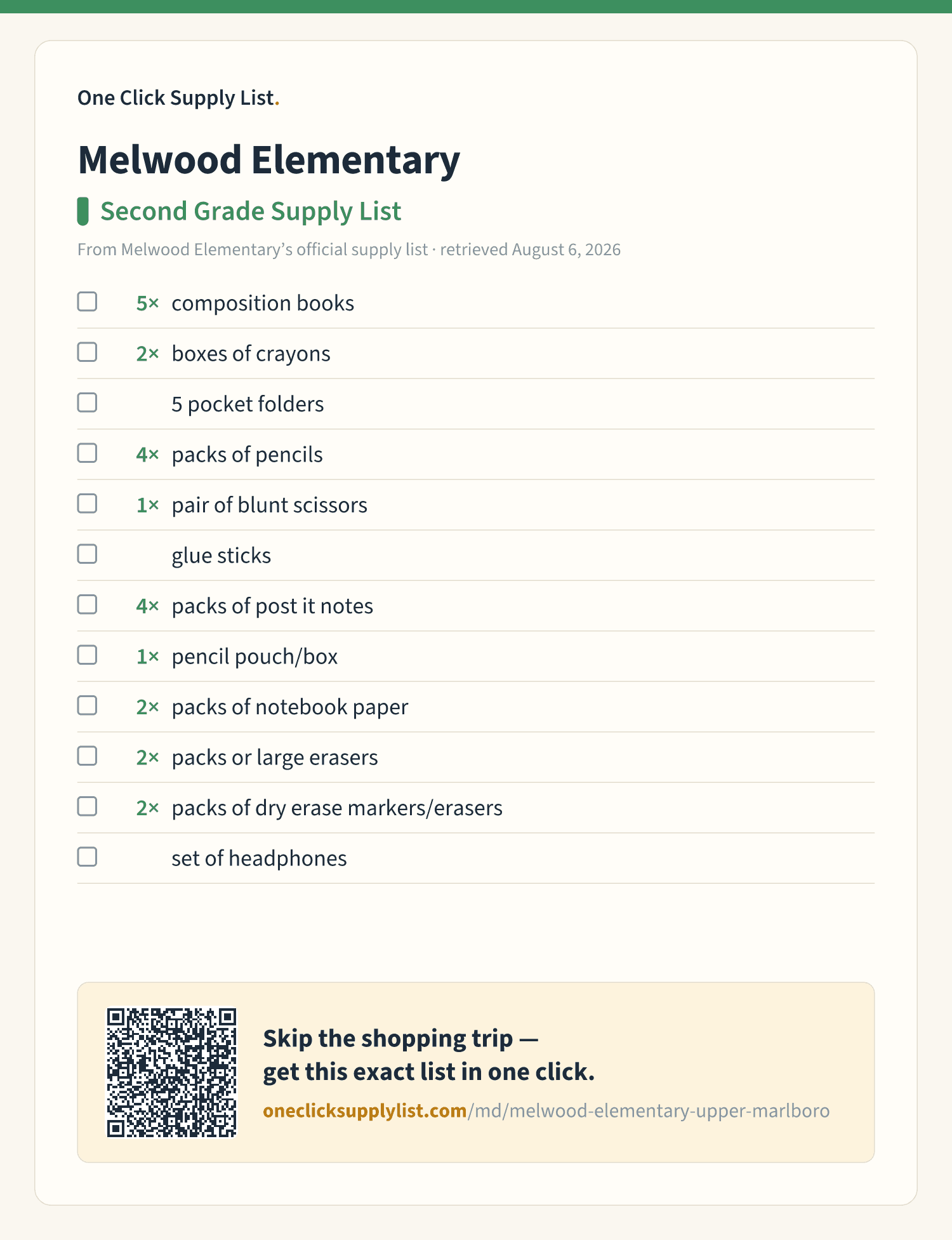 Melwood Elementary Second Grade Supply List supply list — printable image