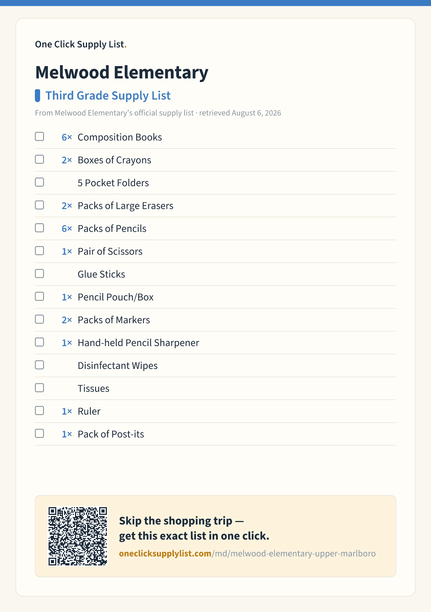 Melwood Elementary Third Grade Supply List supply list — printable image
