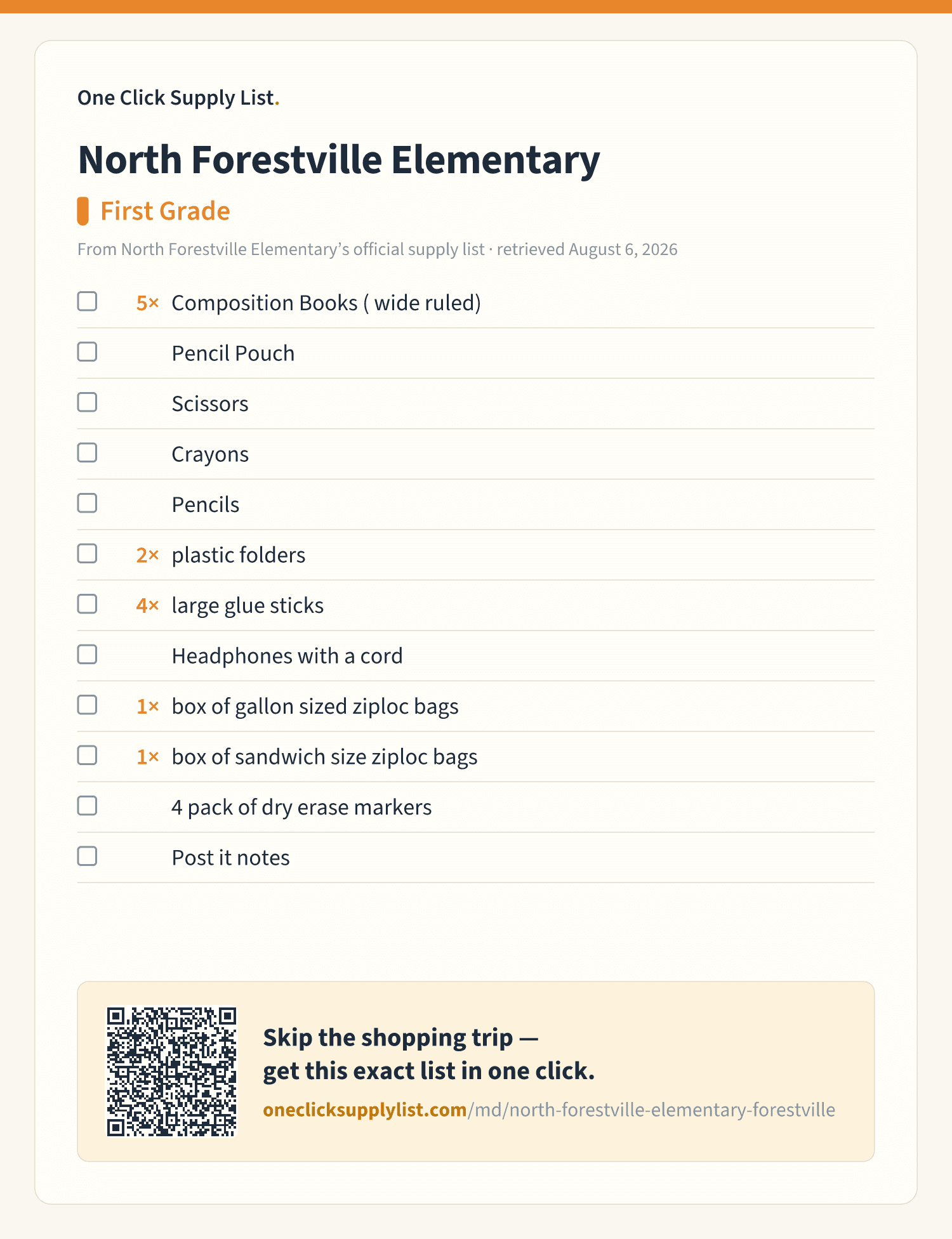 North Forestville Elementary First Grade supply list — printable image
