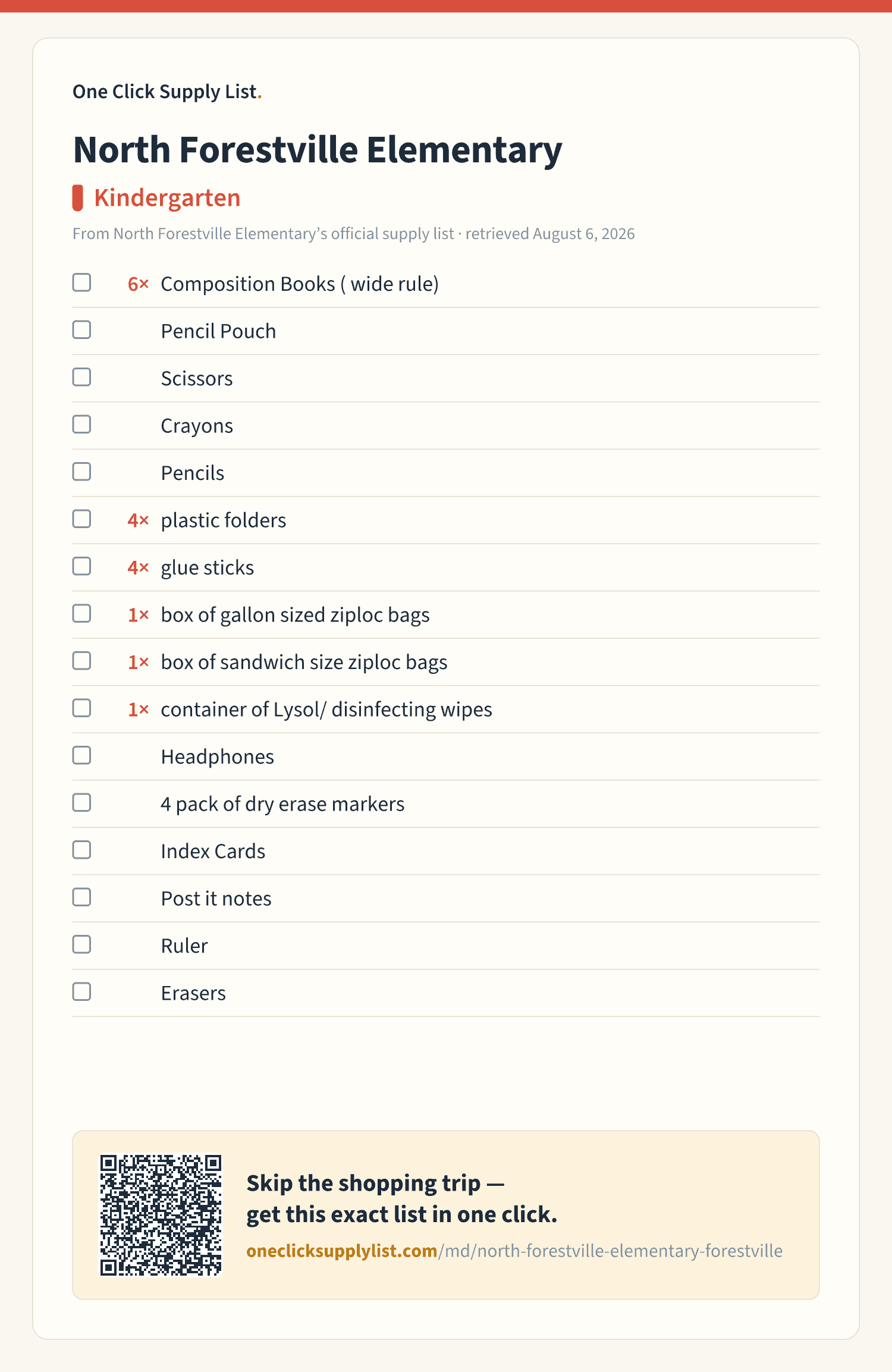 North Forestville Elementary Kindergarten supply list — printable image