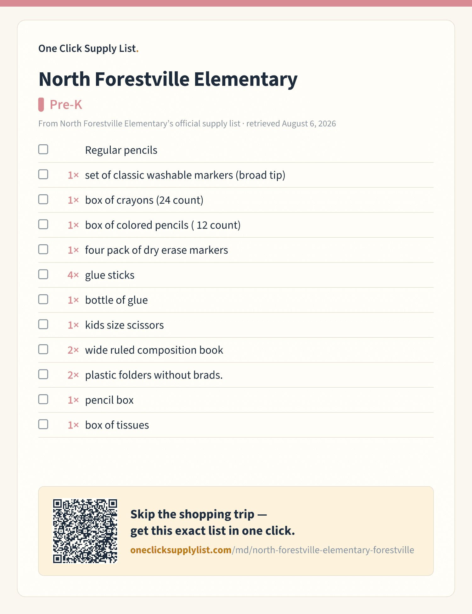 North Forestville Elementary Pre-K supply list — printable image
