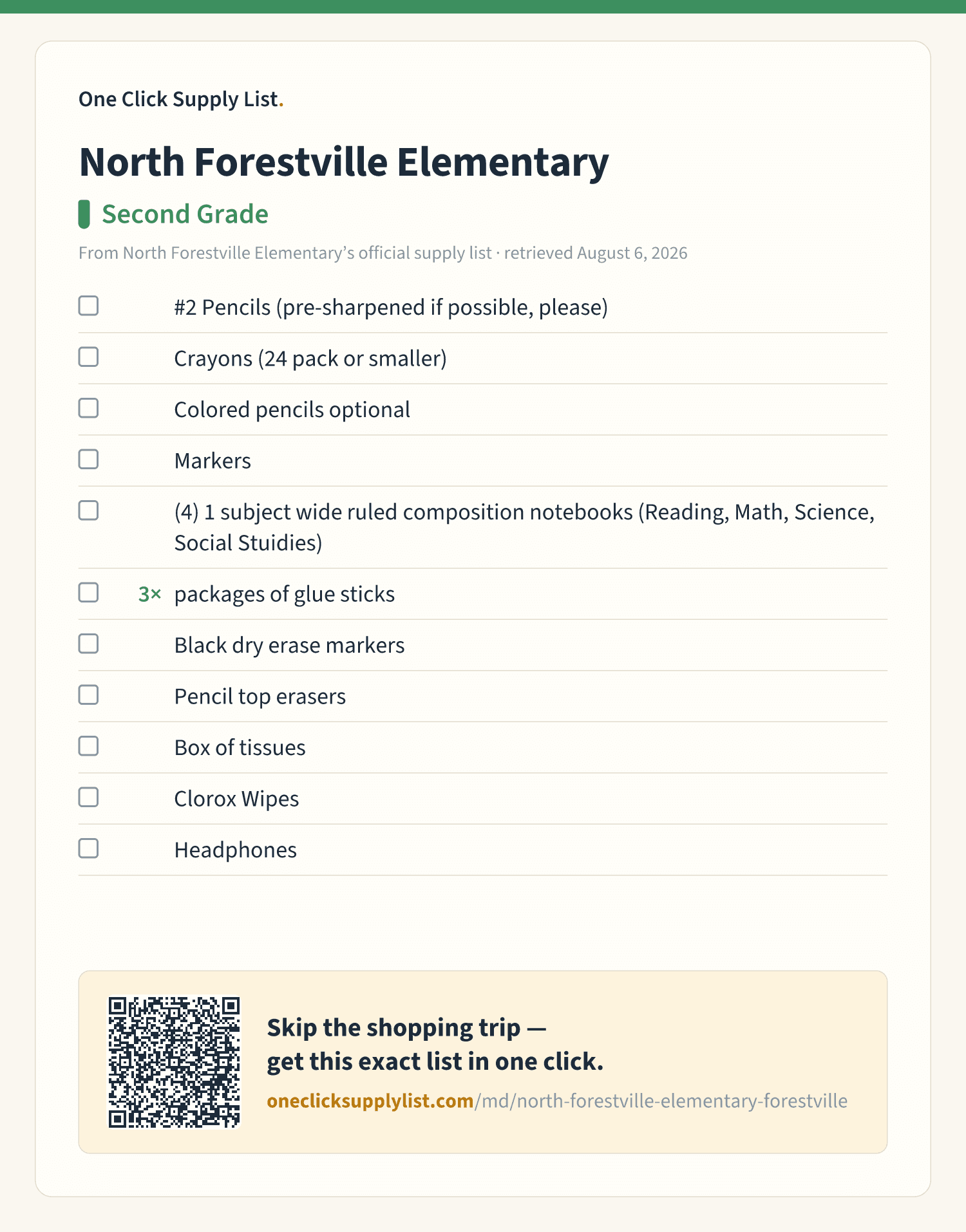North Forestville Elementary Second Grade supply list — printable image