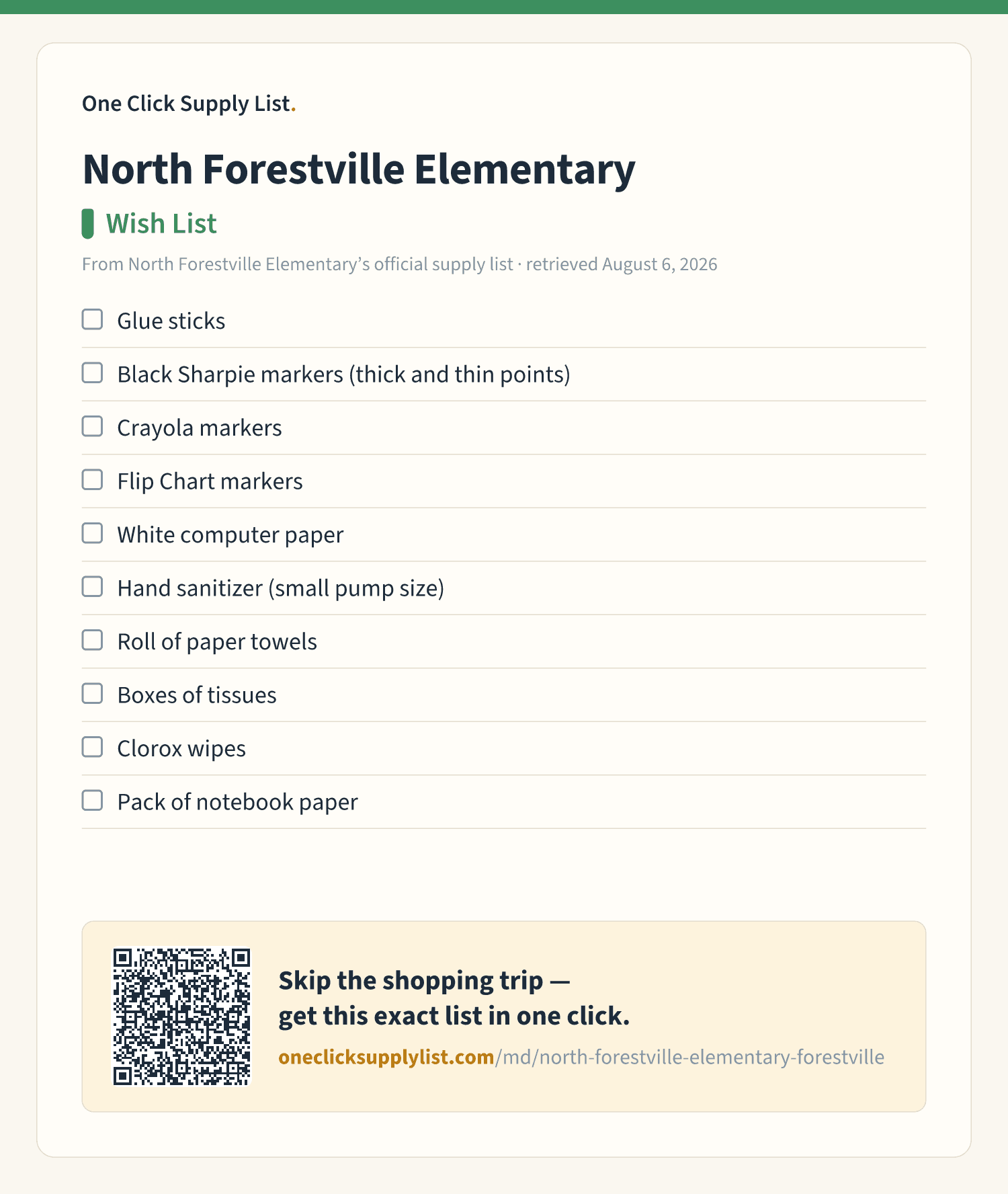 North Forestville Elementary Wish List supply list — printable image