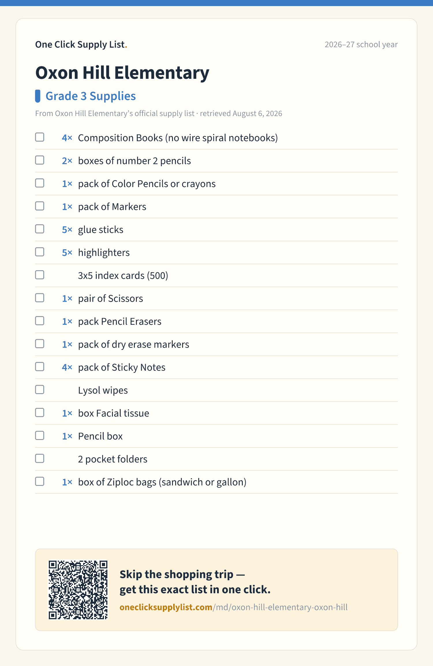Oxon Hill Elementary Grade 3 Supplies supply list — printable image