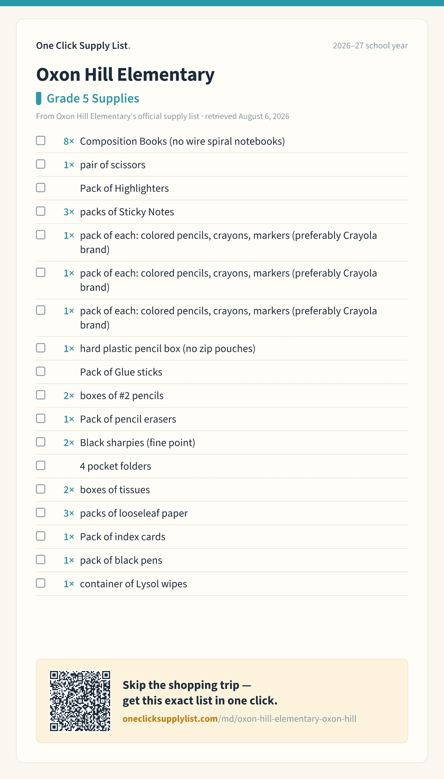 Oxon Hill Elementary Grade 5 Supplies supply list — printable image