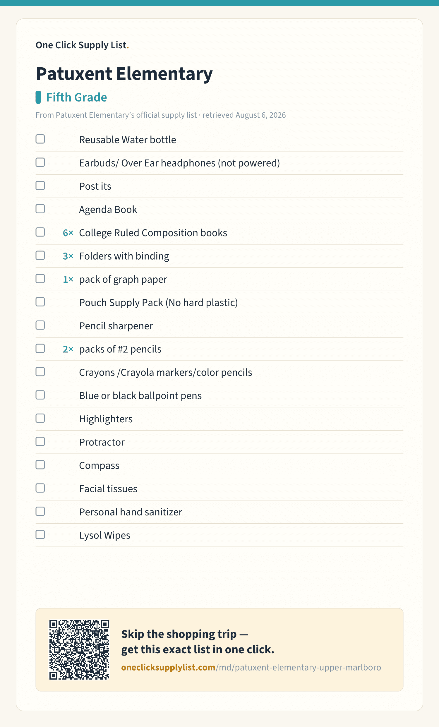 Patuxent Elementary Fifth Grade supply list — printable image